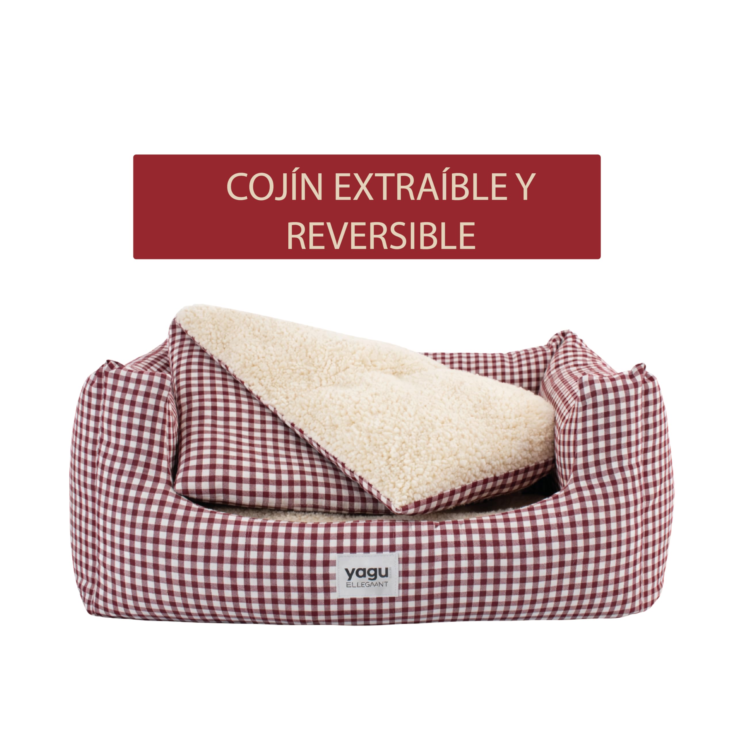 YAGU - Cama para Perros y Gatos T-1 (50x38x22 cm) Cama Confort Diseño Vichy Grana con Interior de Borreguillo Suave. Cojín Reversible, Relleno de Fibra Reciclada, Lavable y Base Antideslizante - 5