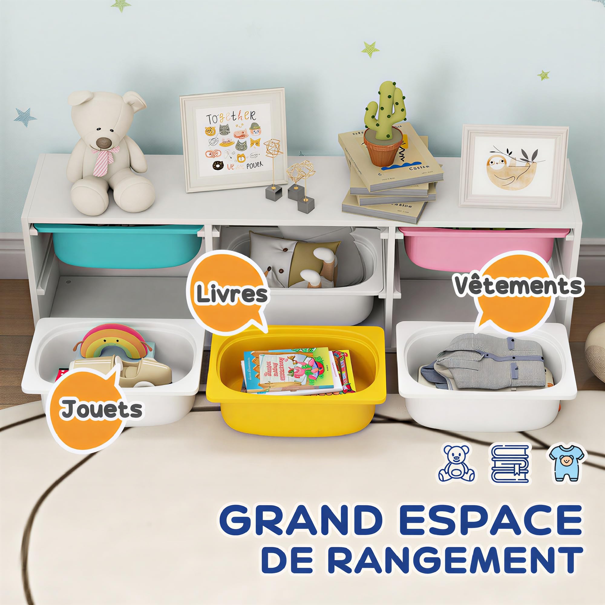 AIYAPLAY Meuble Rangement Enfant à 2 Niveaux avec 6 bacs Amovibles, étagère de Rangement pour Jouets Enfants pour Chambre d'enfant, Salle de Jeux ou garderie, Blanc