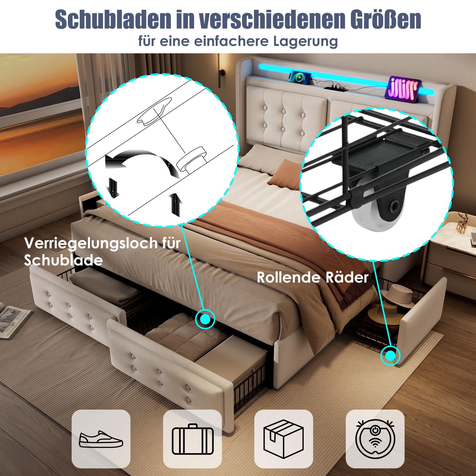 KEYIDE Letto imbottito 140 x 200 cm, con illuminazione a LED e ricarica USB, letto matrimoniale