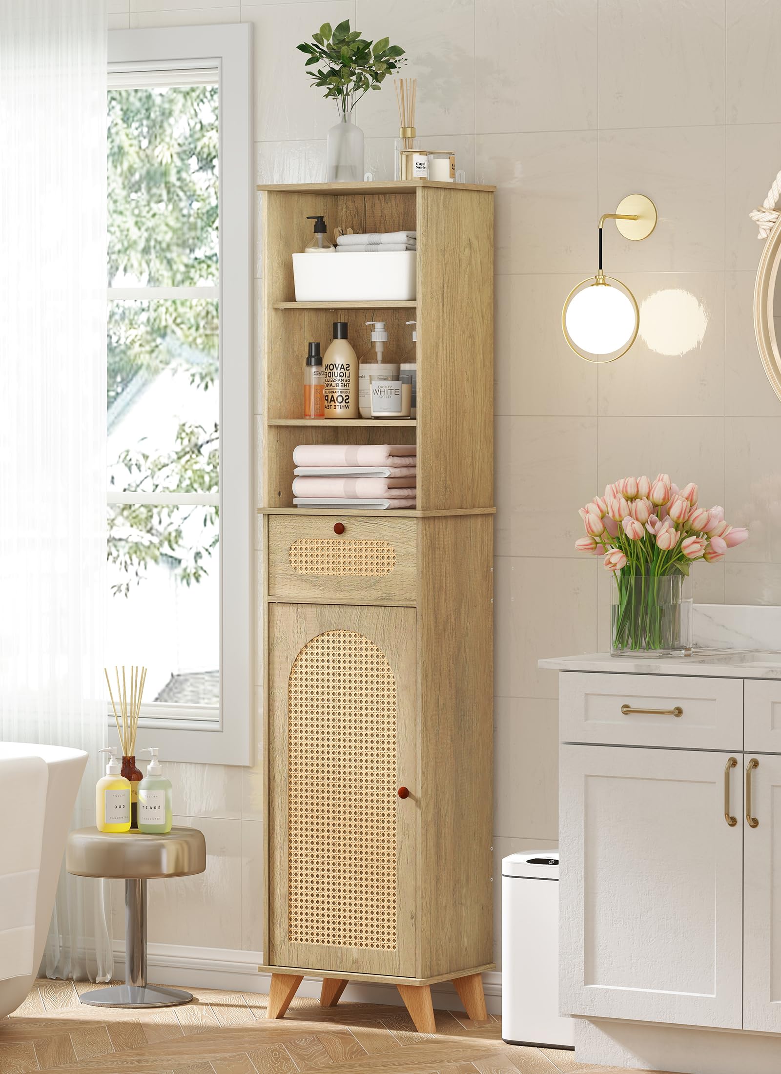 67'' tall bathroom storage cabinet with adjustable shelves, narrow freestanding rattan storage cabinet with anti-toppling device & magnetic door for bathroom, living room, kitchen
