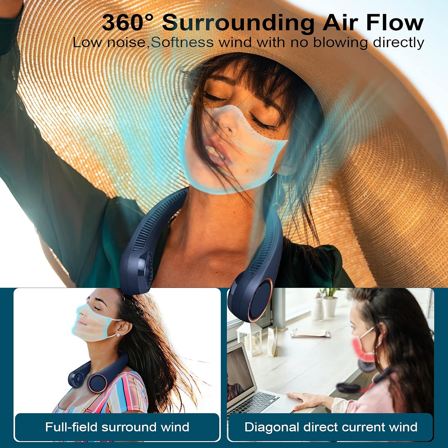 CIVPOWER Portable Neck Fan,Hands Free Bladeless Fan,360°Cooling Personal Fan,3 Speeds Adjustment,78 Air Outlet,Headphone Design,Rechargeable,USB Powered Neck Fan for Outdoor Indoor-Dark Blue : Home & Kitchen