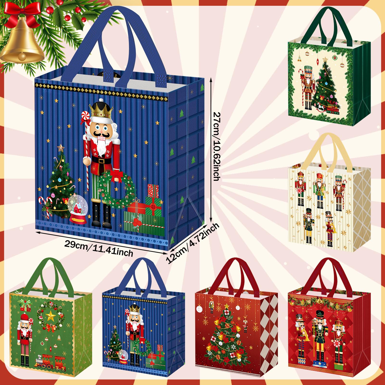 Wesnoy Weihnachtliche Nussknacker-Tragetaschen, Geschenktüten, Großpackung, Weihnachten, Vlies, wiederverwendbar, mit Griffen, für Urlaub, Weihnachten, Party, Neujahr, Einkaufen, 29 x 27 x 12 cm, 48