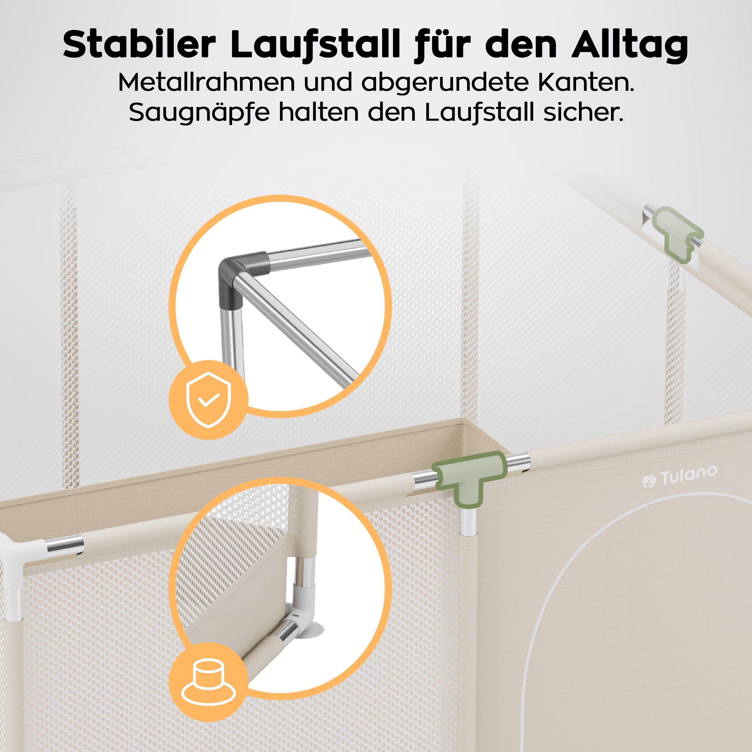 Tulano Cozy 20 Laufstall Baby 130x130 cm mit Boden – Spielgitter für Babys 6 bis 36 Monate – Tragbar Innen Außen – Faltbar – Netzwände – Metallrahmen – Kinderschutz – Reisegitter – Laufgitter – Beige
