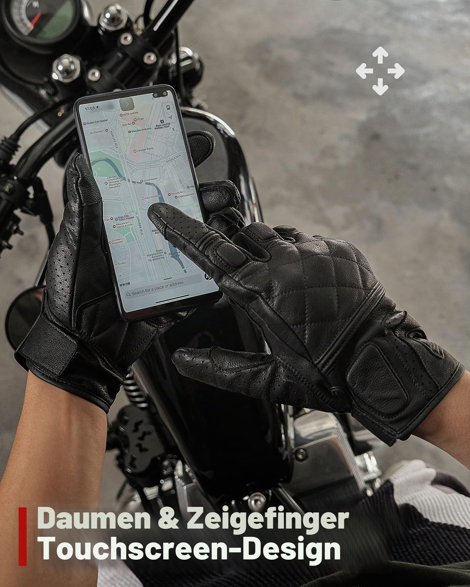 BORLENI Motorradhandschuhe Leder Herren Echtes Leder Ziegenleder Mesh Soft Protector Touchpanel Kompatibel Frühling Sommer Herbst Schwarz M/L/XL/XXL