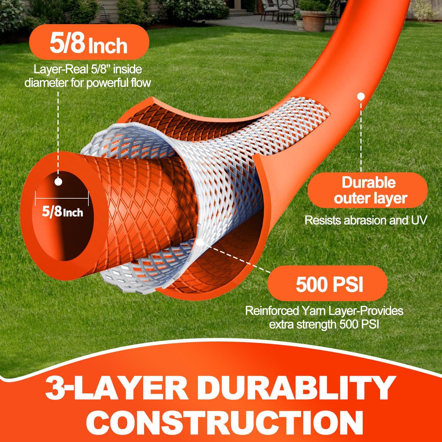 YOTOO Heavy Duty Hybrid Garden Water Hose 5/8-Inch by 50-Feet 150 PSI Kink Resistant, Flexible with Swivel Grip Handle and 3/4" GHT Solid Brass Fittings, Orange