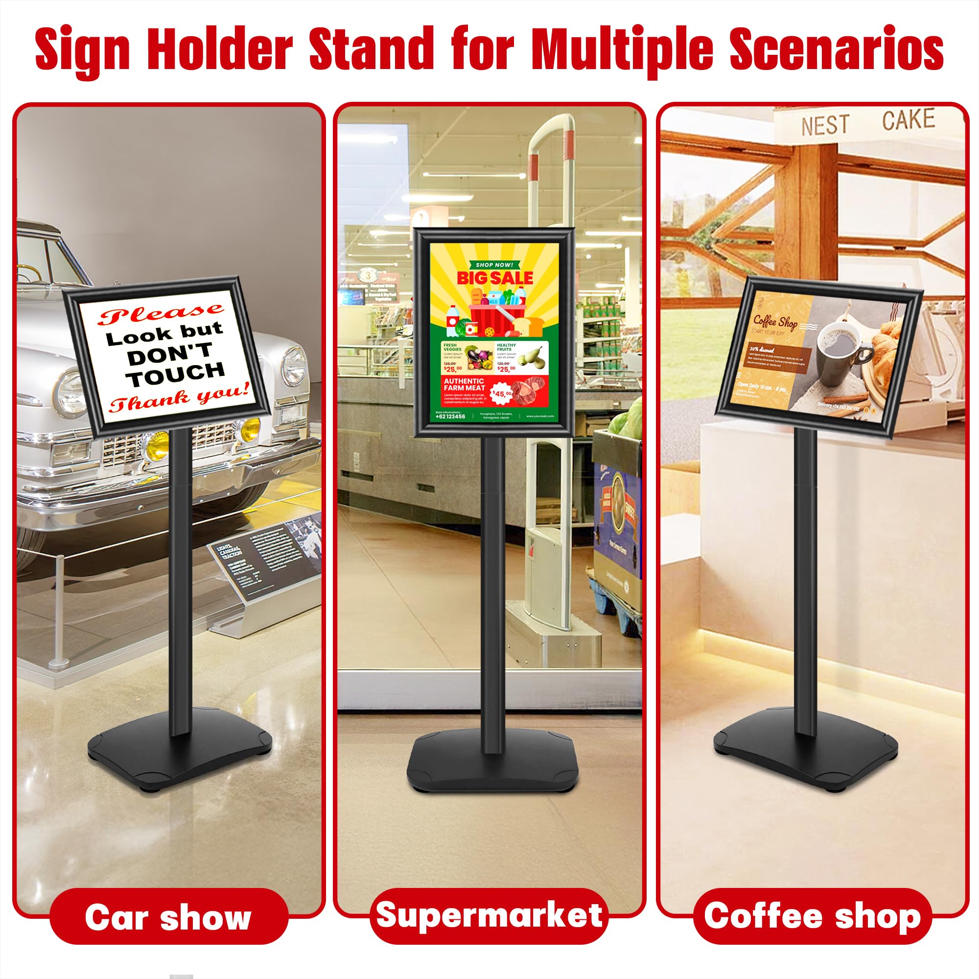 Présentoir A4 robuste sur Pied - Base fonte lestée, Rotation 360°, Cadre Aluminium Clipsable - Support Panneau A4 – Porte Affiche Menu Restaurant, Support Document Bureau | Noir