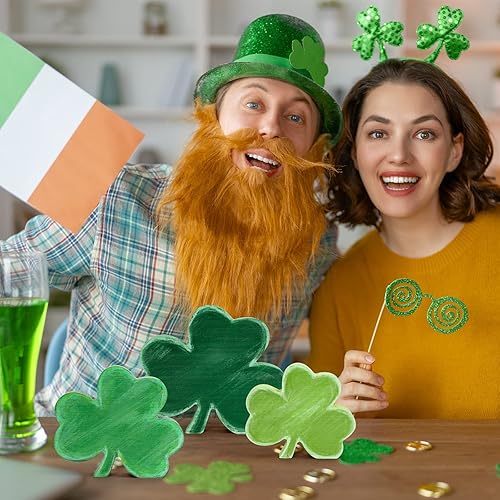 Miniatura 6 de Whaline 3 letreros de madera para el día de San Patricio, adornos de mesa de trébol verde rústico, centros de mesa de trébol de la suerte, letreros
