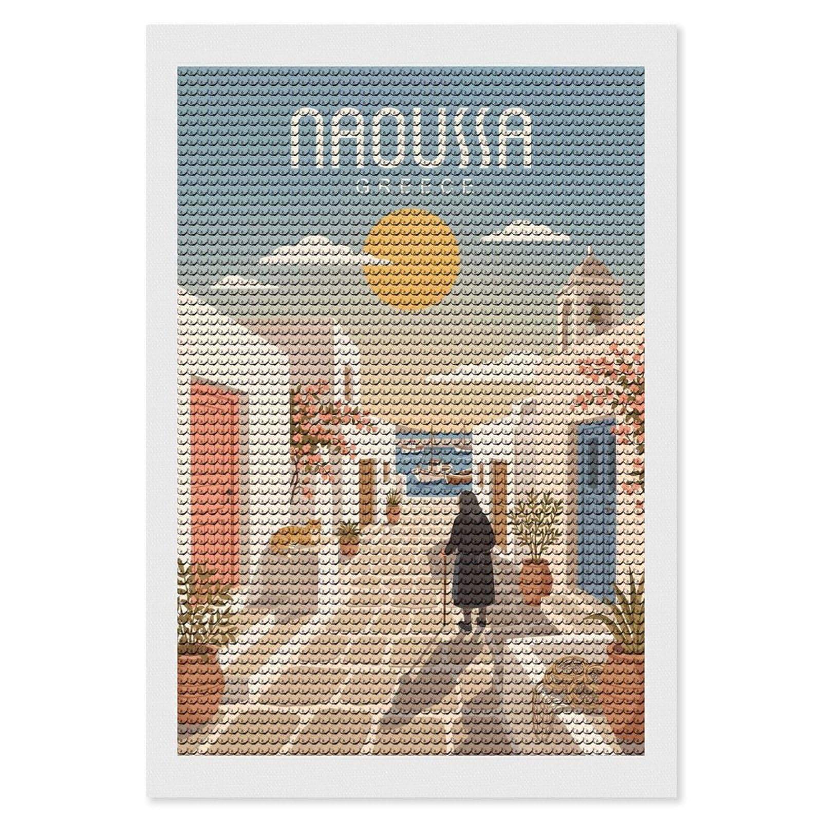 Junmoney Naoussa Greece Diamond Painting Canvas Kit 8"x12", Adhesive Canvas, Living Room Decor, Farmhouse Decor, Winter Craft