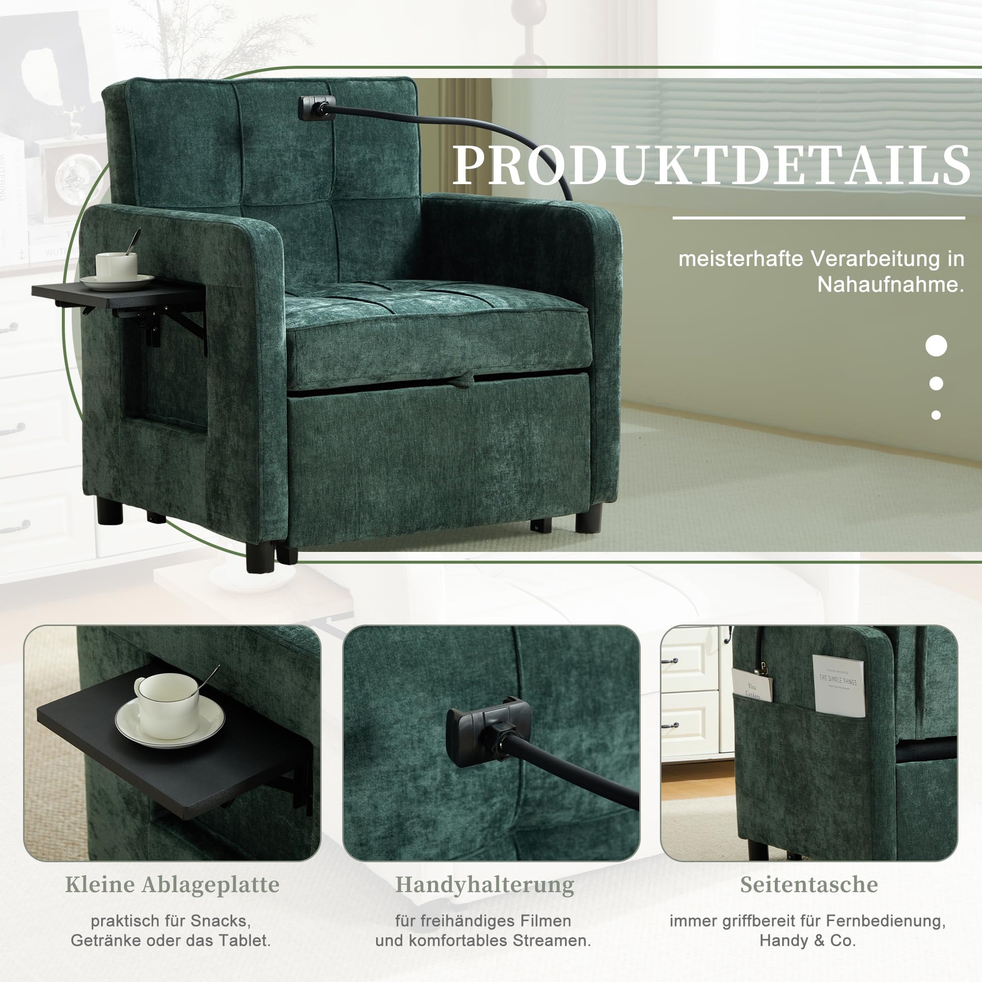 Generisch Poltrona letto 2 in 1 in ciniglia verde, divano letto singolo con cuscino, tasche laterali e vassoio, schienale regolabile in 5 posizioni, portata 150 kg, per soggiorno, camera da letto