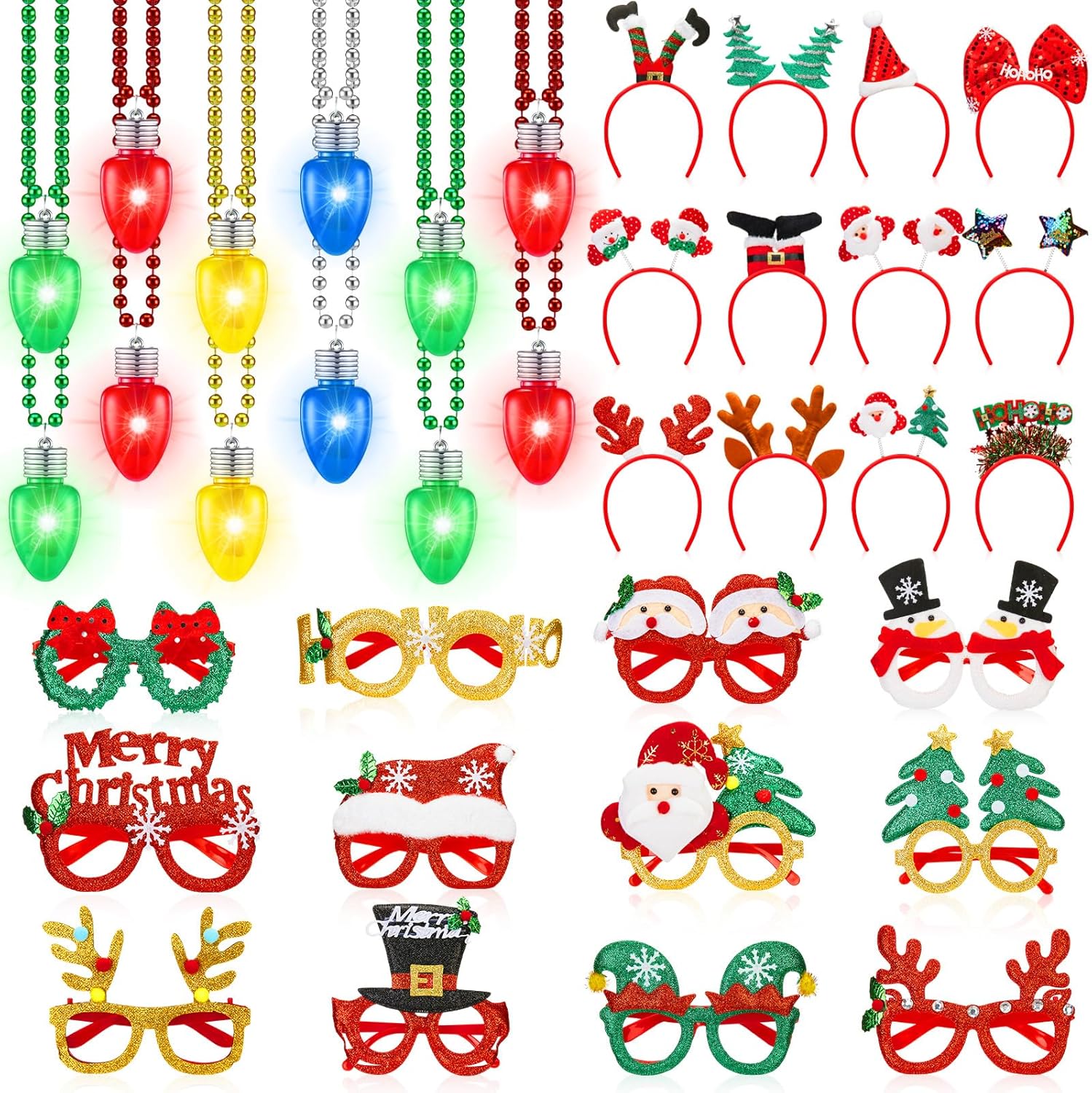 36 Pcs Christmas Light up Necklace Headbands Glasses Frame Set, Christmas Party Favors LED Bulb Necklace Headwear Eyeglasses Accessories for Santa Xmas Tree Snowman Elk Costume
