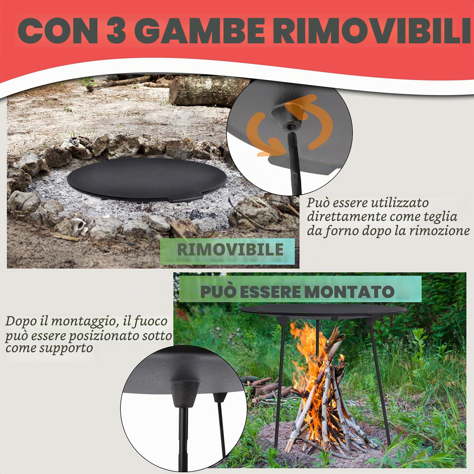 Froadp Piastra Ghisa Barbecue per Campeggio Tappetino per Grigliare a Gas o a Carbonella Padella per Grigliare con 3 Gambe e Borsa per Riporlo Barbecue Accessori per Feste in Giardino (Ø45cm)