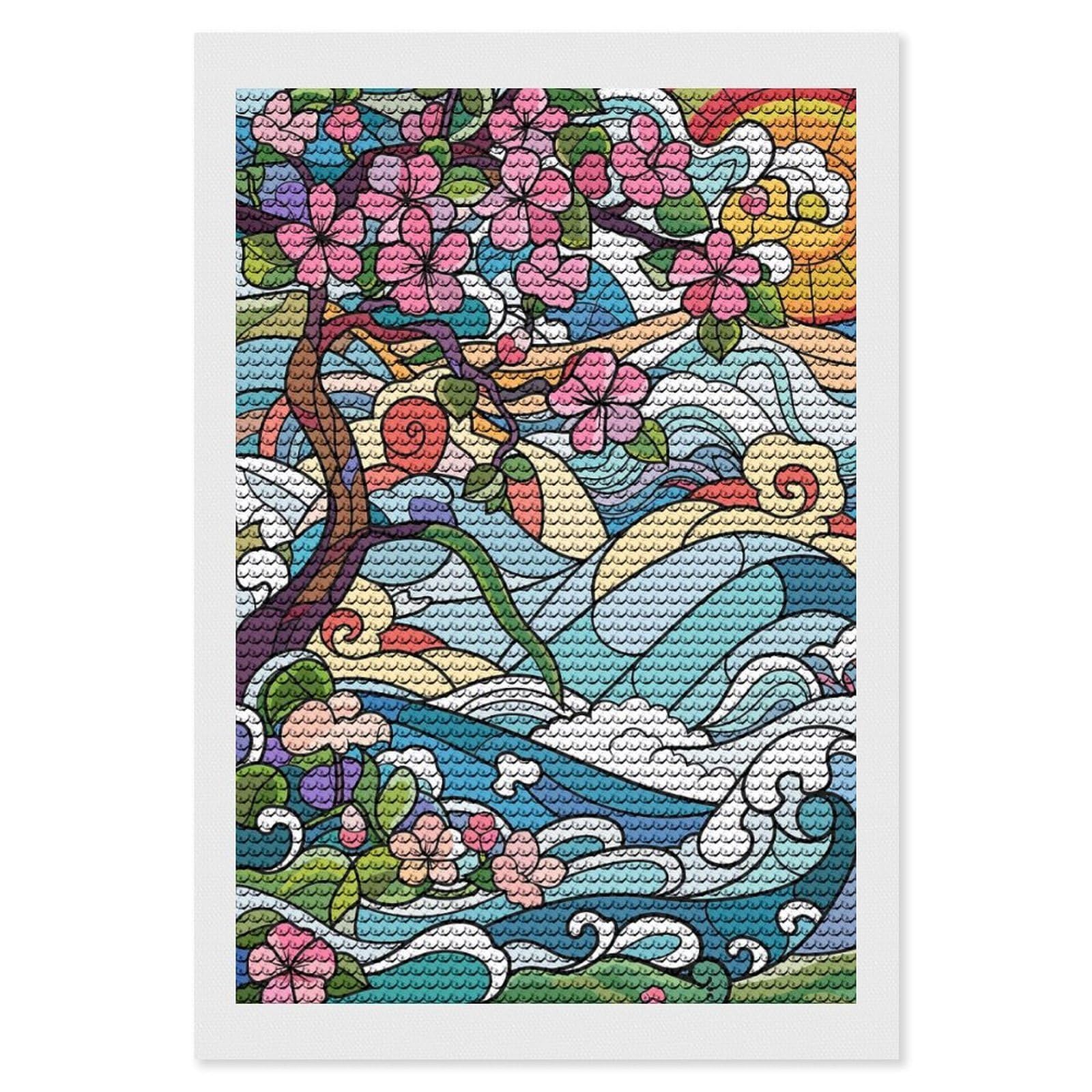 Junmoney Stained Glass Cherry Blossoms and Waves Diamond Art Canvas 8"x12", for Creative Relaxation, Simple to Start, Aesthetic Room Decor, Holiday Gift Idea