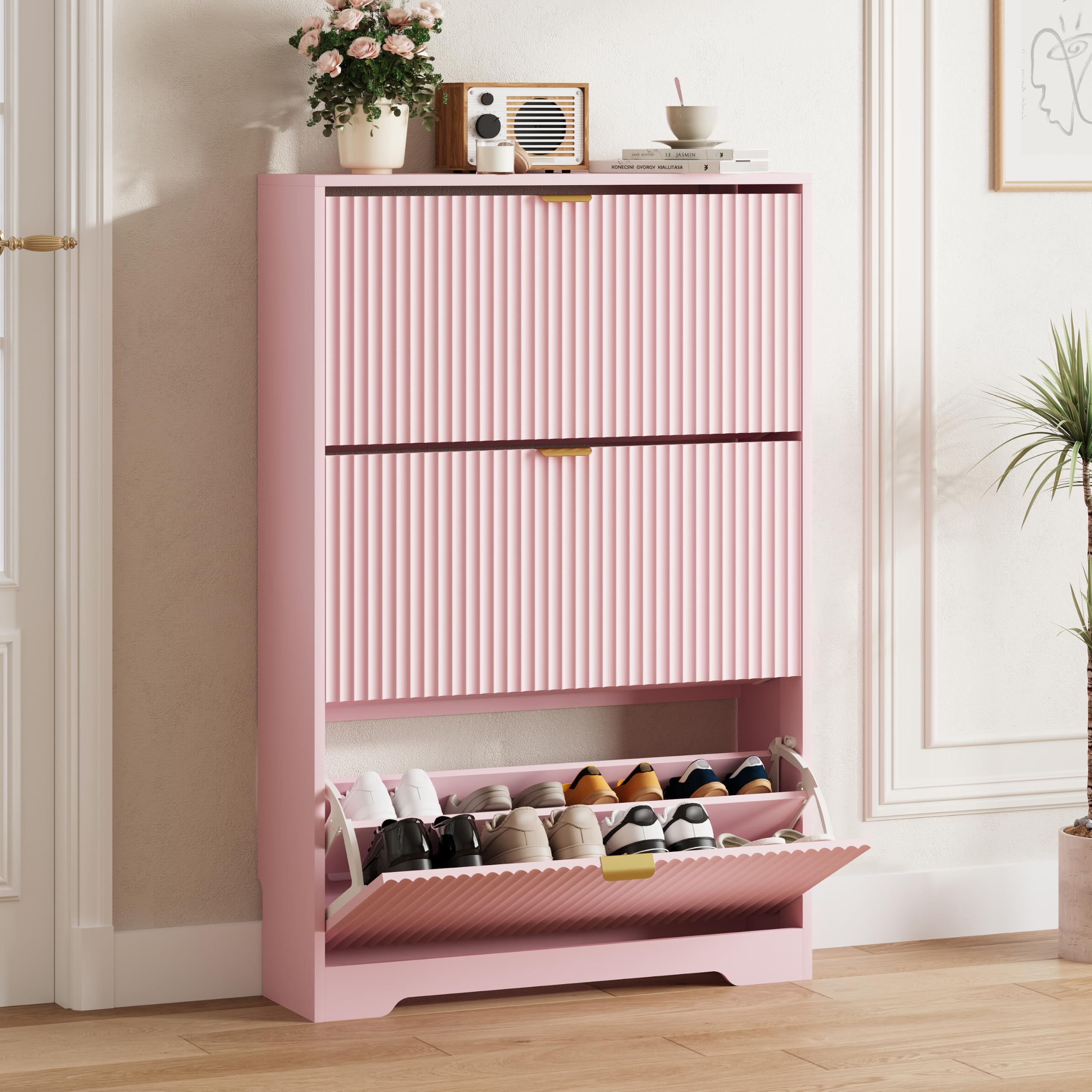 HUANLEGO Shoe Cabinet Storage for Entryway with 3 Flip Drawer, Pink
