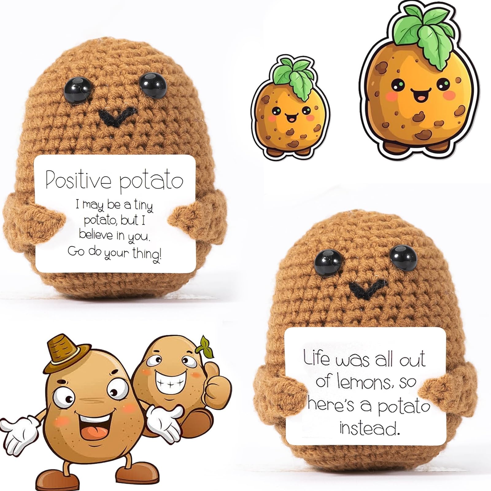 Exbrith Pack of 2 Mini Plush Knitted, with Positive Energy Card, Pocket Hug Positive Potato, Funny Gift for Boyfriend, Girlfriend, Family, Boyfriend, Patient, Courage Gift
