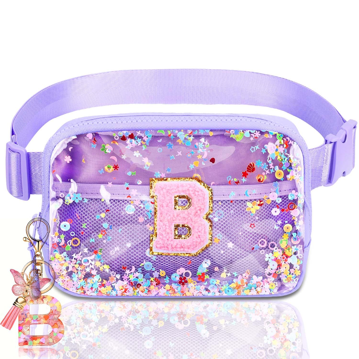 Initial Fanny Pack for Girls - Belt Bag for Teens Kid Teen Girl Kid Birthday Gift Clear Purple B