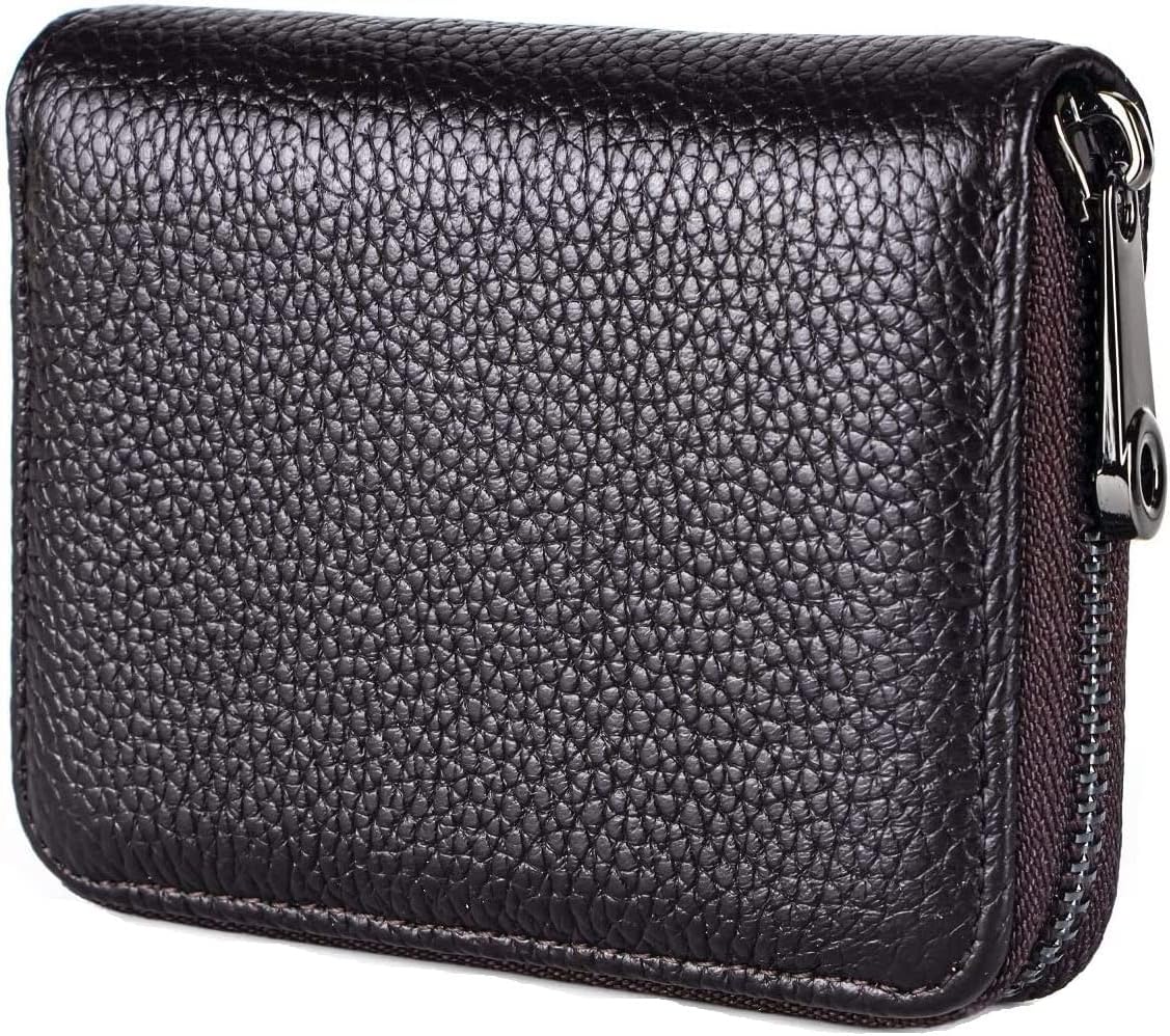 Genuine Leather Unisex Credit Card Holder Wallet Rfid Blocking Secure Card Case Id Case Organizer Zipper Wallet (Pop60-Brown-New)