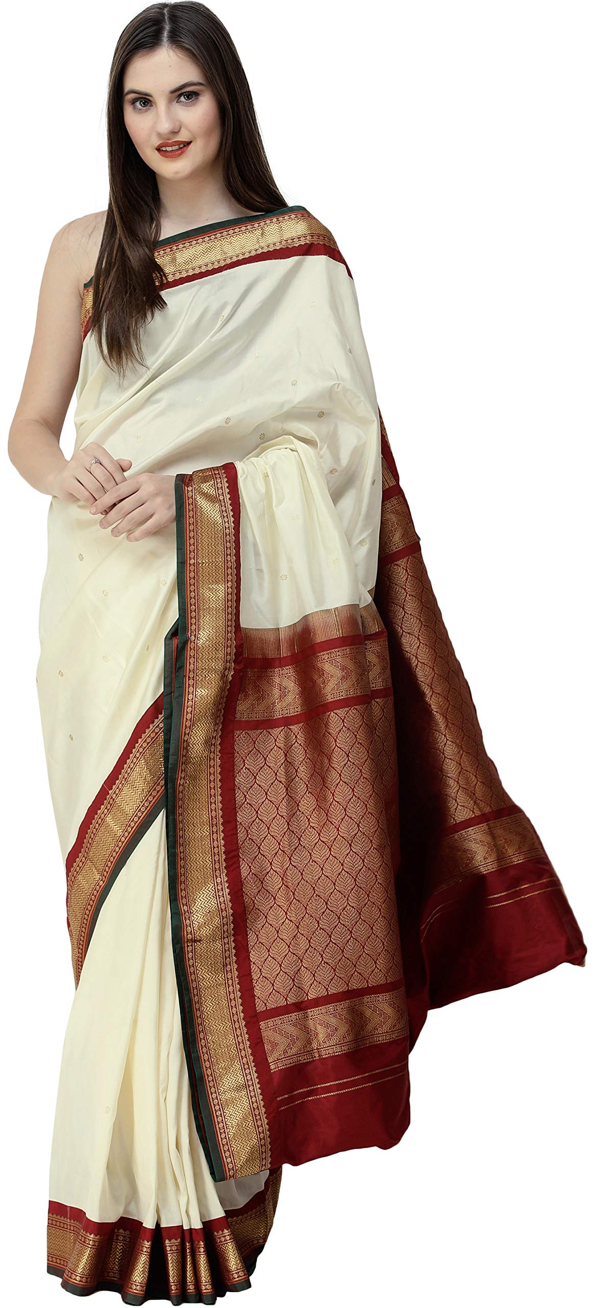Exotic India Cream Sari from Bangalore with Zari-Woven Border and Maroon Anchal