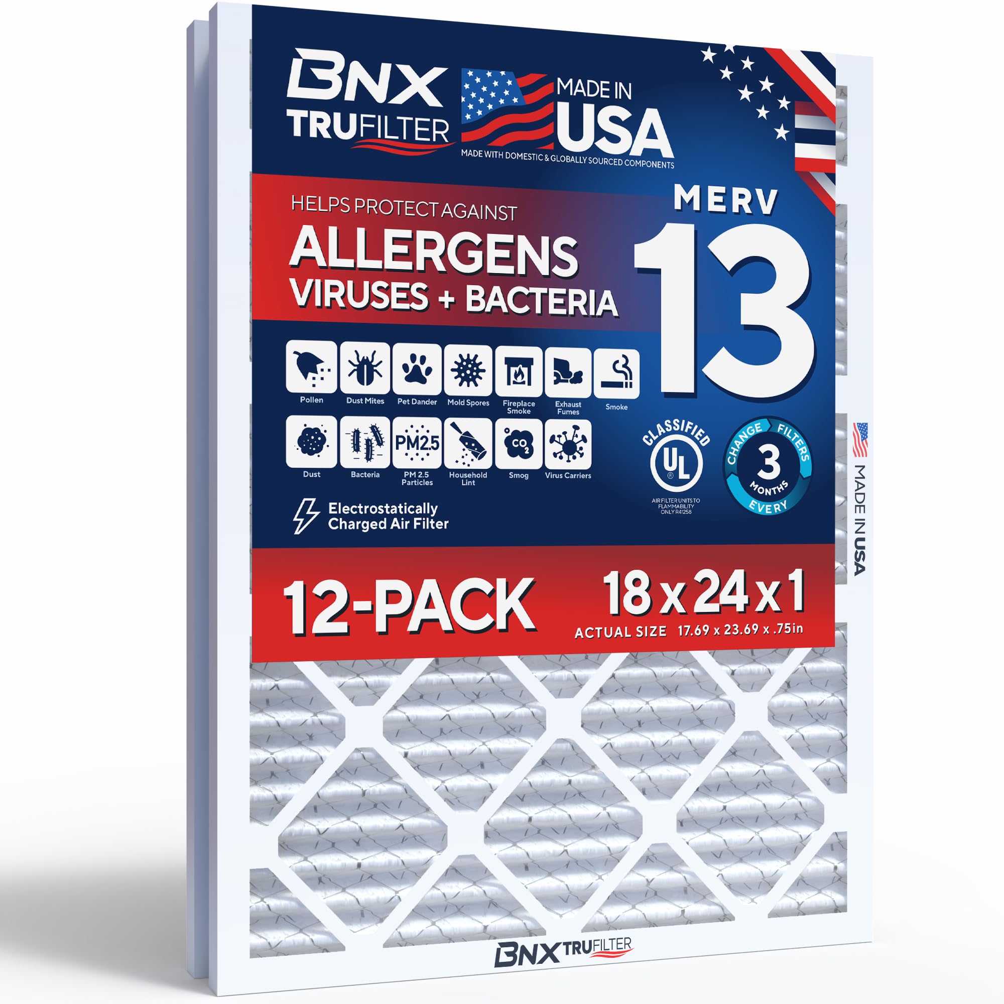 BNX TruFilter 18x24x1 Air Filter MERV 13 AC Filter, HVAC Furnace Filter, 2 Pack (ACTUAL SIZE 17.69"x24.69"x0.75") Allergies, Dust, Pet Dander &amp; Smoke - MADE IN USA - MPR1500 / FPR 10