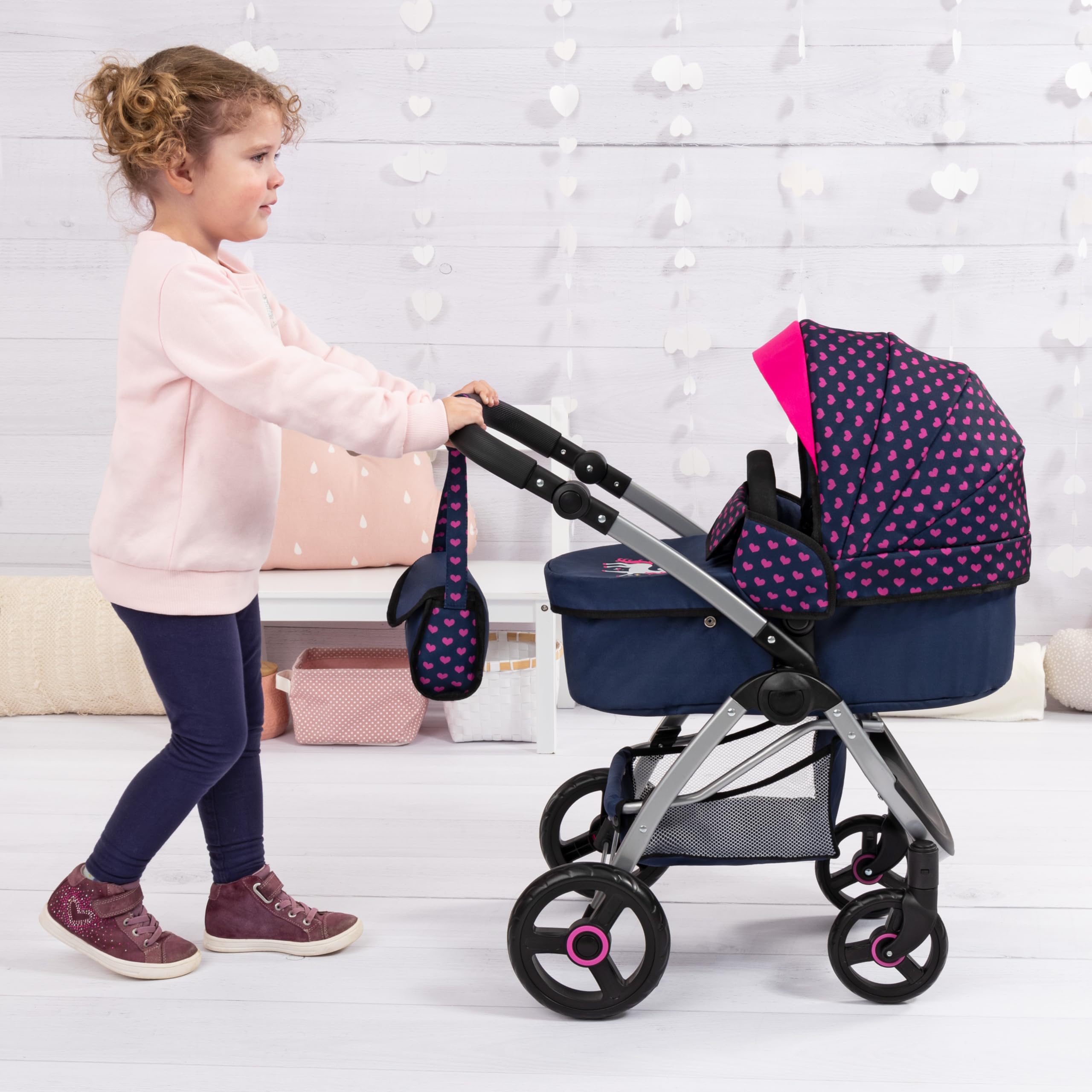 Bayer Design Cochecito de muñecas City MAX con Bolsa, Regulable en Altura | ruedas delanteras giratorias, convertible en silla paseo, cesta integrado