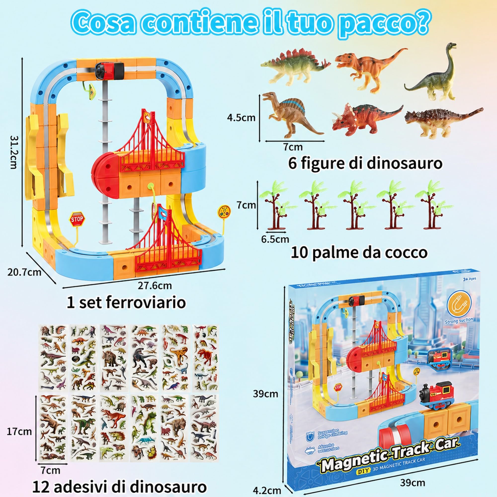 Clickrail Electric Train Set flessibile Race Track, blocco con giocattolo di dinosauro/palma di cocco/adesivi, set di treno magnetico creativo con layout 3D, giocattolo regalo per bambini