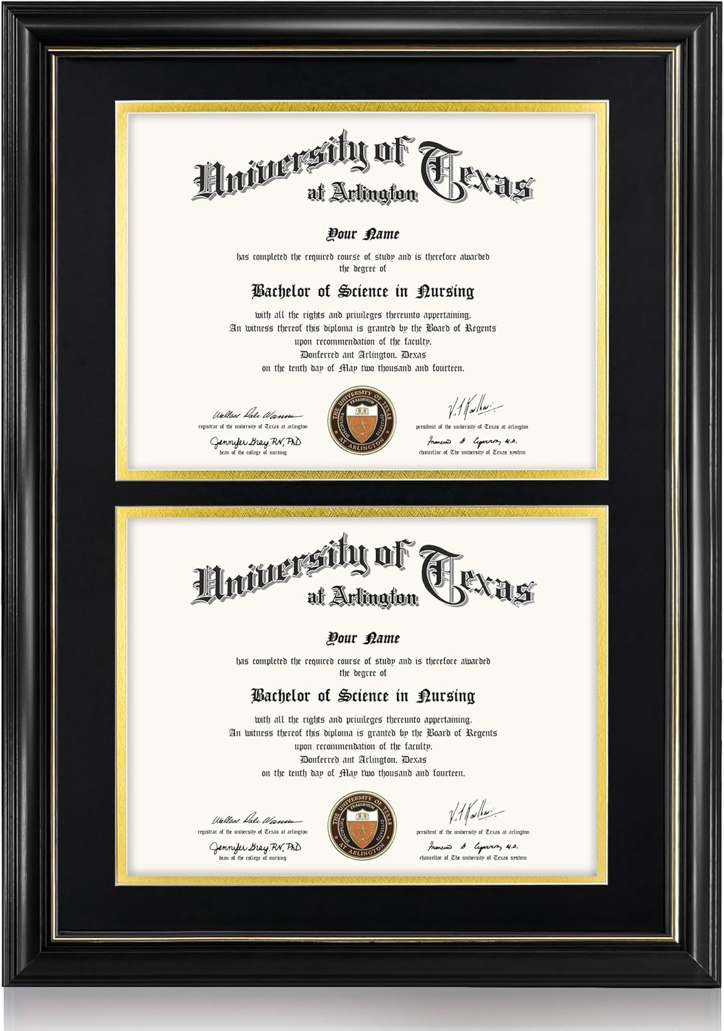 GraduationMall Double 8.5x11 Diploma Frame,Solid Wood & UV Protection Acrylic,Black Finish with Gold Trim,Black & Gold Mat
