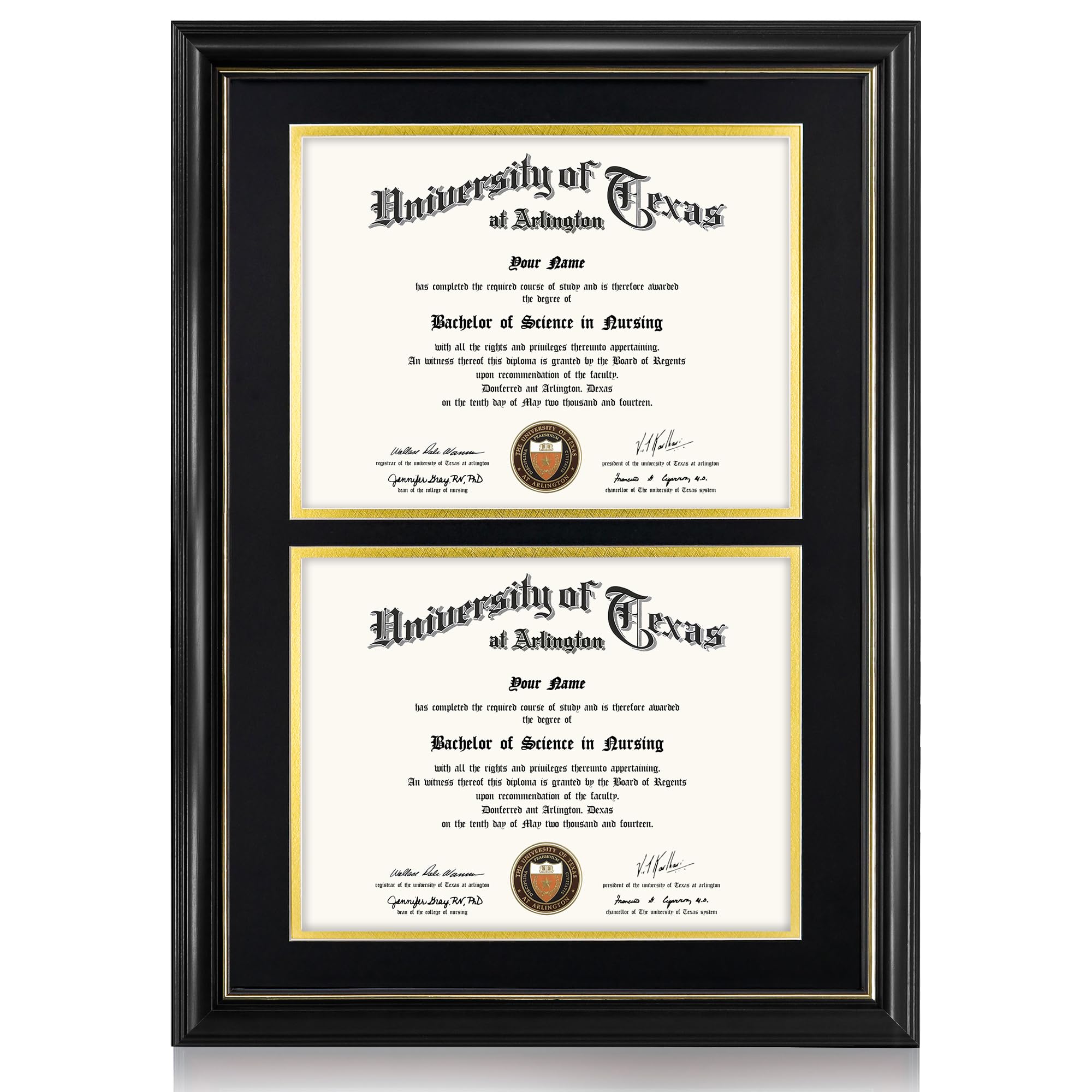 GraduationMall Double 8.5x11 Diploma Frame,Solid Wood & UV Protection Acrylic,Black Finish with Gold Trim,Black & Gold Mat