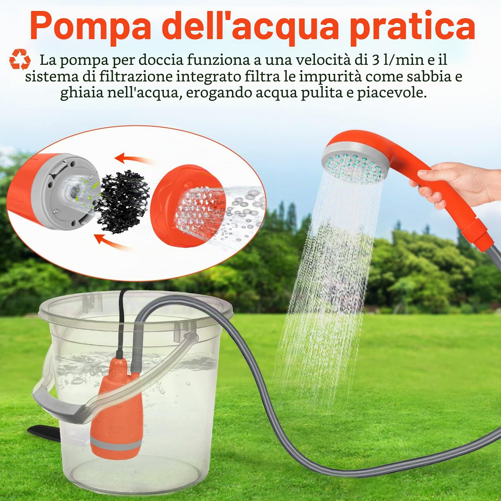 Aufun Doccia da Campeggio all'Aperto con Doccia a Mano, Batteria Ricaricabile da 2200mAh incorporata, Cavo di Ricarica USB, a Acqua per Campeggio, Escursione, Viaggio, Giardino, Spiaggia