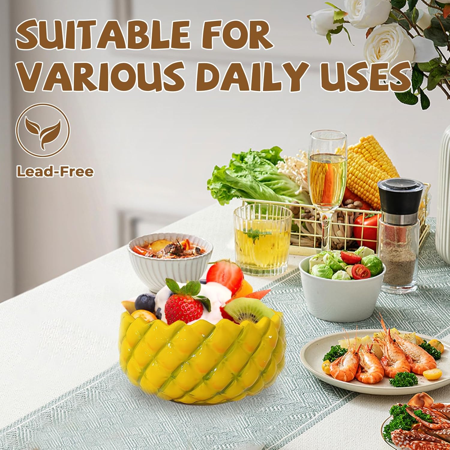 Pineapple Bowl Ceramic Serving Bowl Creative Pineapple Shaped Ramen Bowl for Eating Salad/Pasta/Soup/Rice/Cereal/Pho, Ideal for Home & Restaurant, Dishwasher & Microwave Safe (Pineapple)