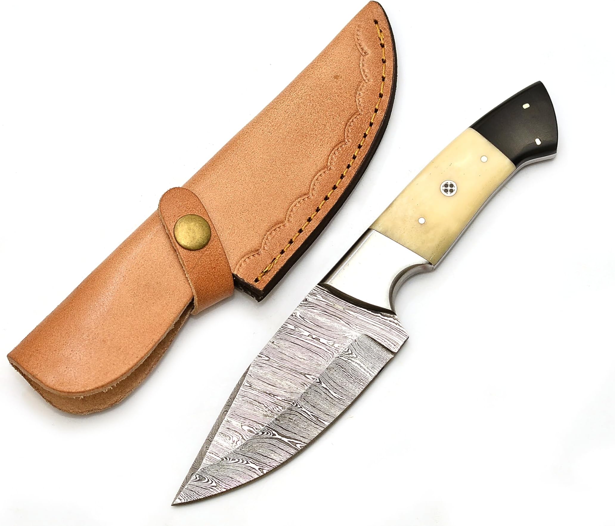 Handmade Damascus Camel Bone Hunting Knife,Fixed Blade full tang with Leather Belt Sheath gifts for men EDC, Skinning, Outdoor adventures. (Bone Damascus Knife), PCL-0078