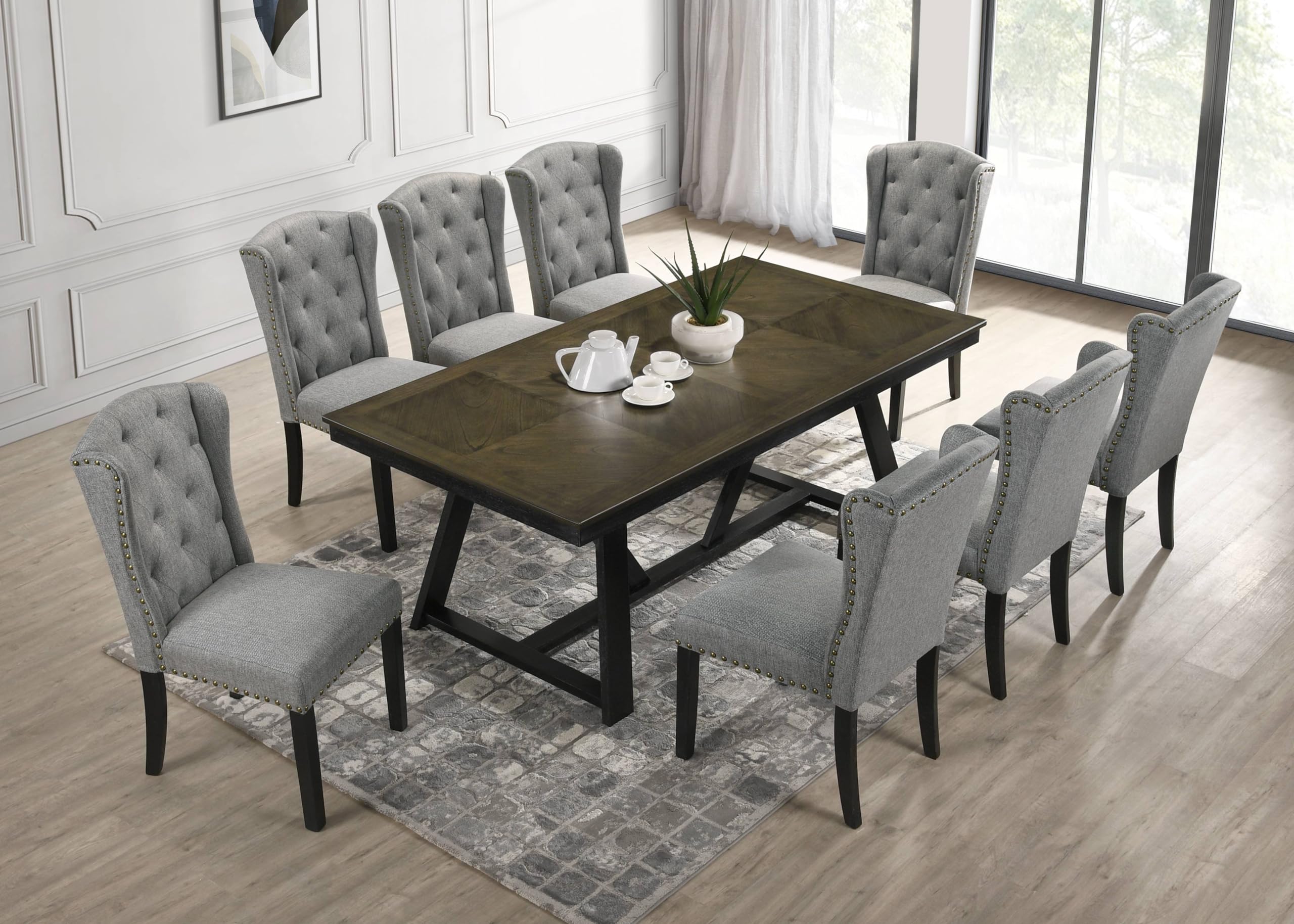Emporium Furniture Dining Sets Seater Wooden Dining Table with Grey  Dining Chairs Set Bench (Table with Chairs, One Size)
