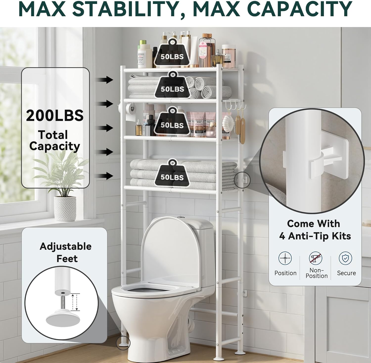 4-Tier Over The Toilet Storage, 200lb Total Capacity Metal Bathroom Organizer with 36" Clearance, Includes Paper Holder & 4 Hooks, Space Saving Rack for Bathroom Laundry Room (64" H, White)