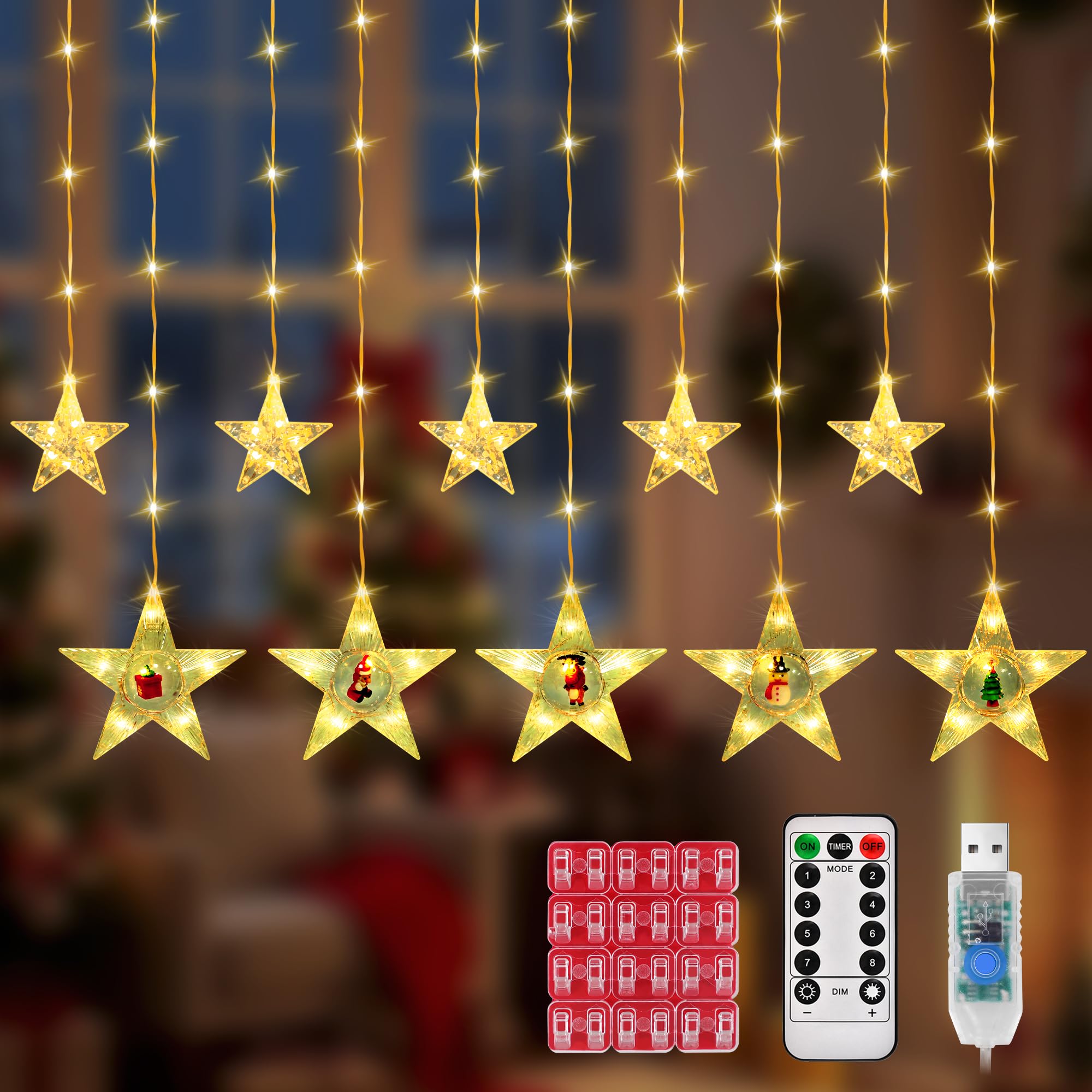 DazSpirit LED Curtain Star String Lights, 10 Stars 3m 90 LED Christmas Star Window Light, with Remote, 8 Modes, Timer, Waterproof, USB Powered, for Christmas, Bedroom, Party Decorations (Warm White)