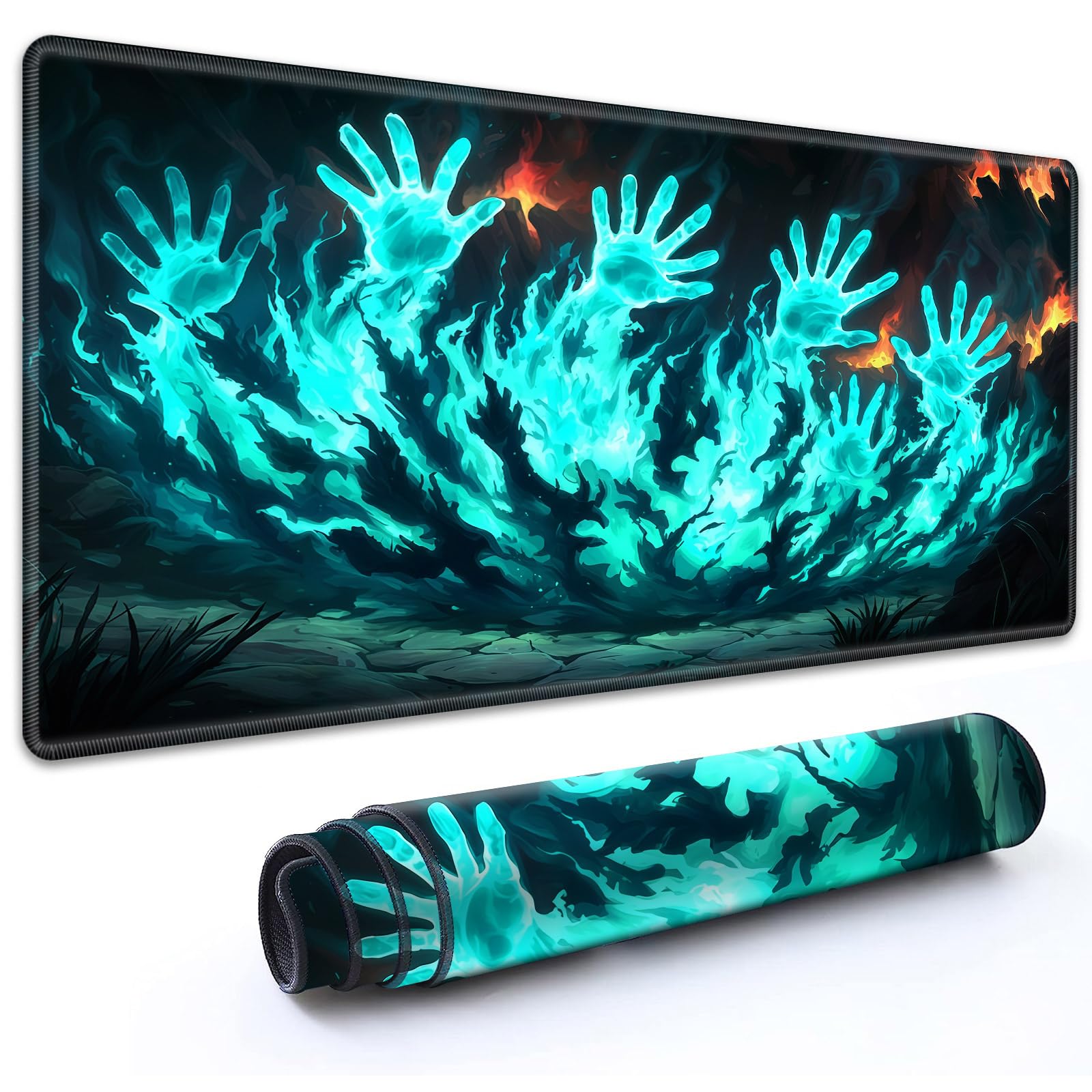 RMJKXQZG MTG Playmat 35.5" x 19.7" with High Elastic Rubber Base Non-Slip Rubber HD Fade-Resistant Printing Durable TCG Gaming for Card Games Desk Mat & Mouse Pad, Blue Flame Spectral Hands