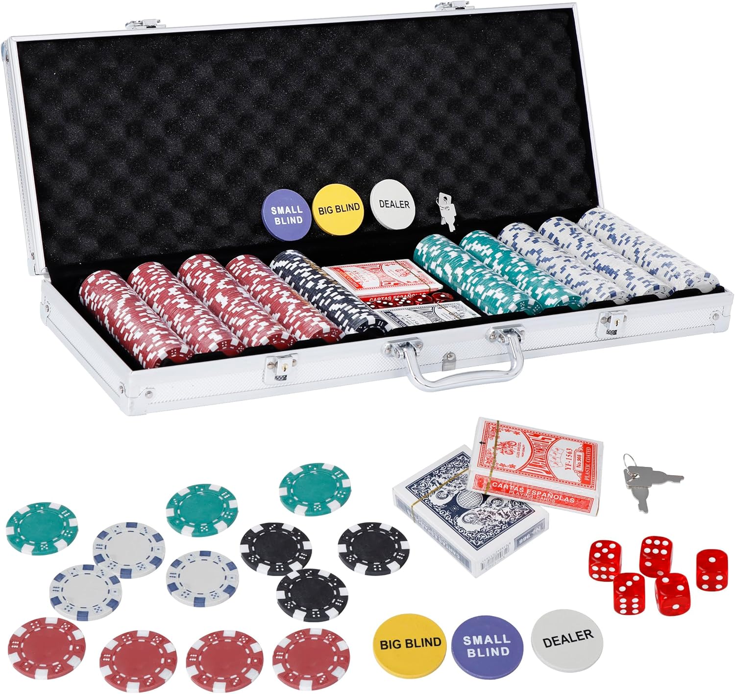 JungleA Poker Chip Set 500PCS, Texas Holdem Poker Set with Aluminum Case, 11.5 Gram Casino Chips Portable Multi-Purpose Gambling Game Set for Parties, Blackjack, Poker Nights