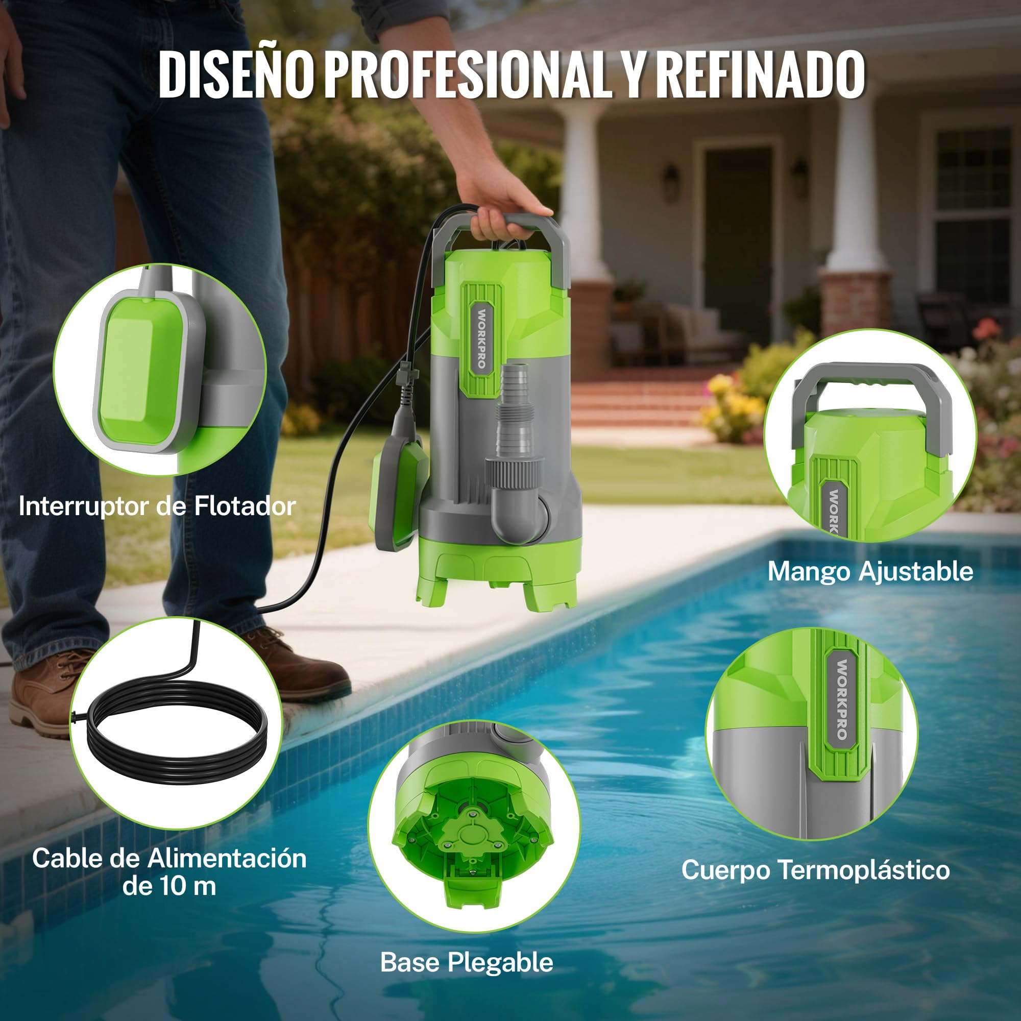 WORKPRO Bomba Sumergible Aguas Sucias 700 W Caudal 17000 L/h Profundidad 7 m Drenaje