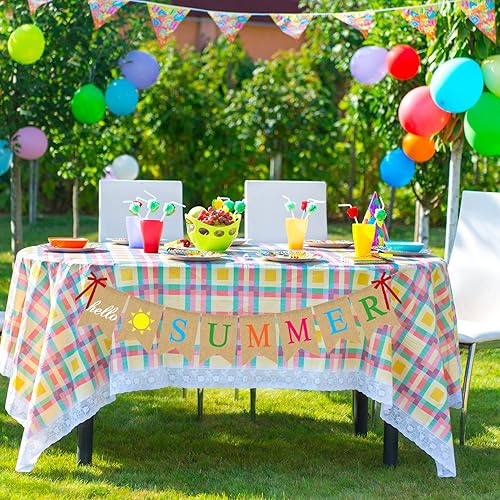 Miniatura 4 de Cartel de arpillera de Hello Summer con letreros de sol y lazos, guirnalda rústica para campamento, piscina, playa, barbacoa, decoración hawaiana de