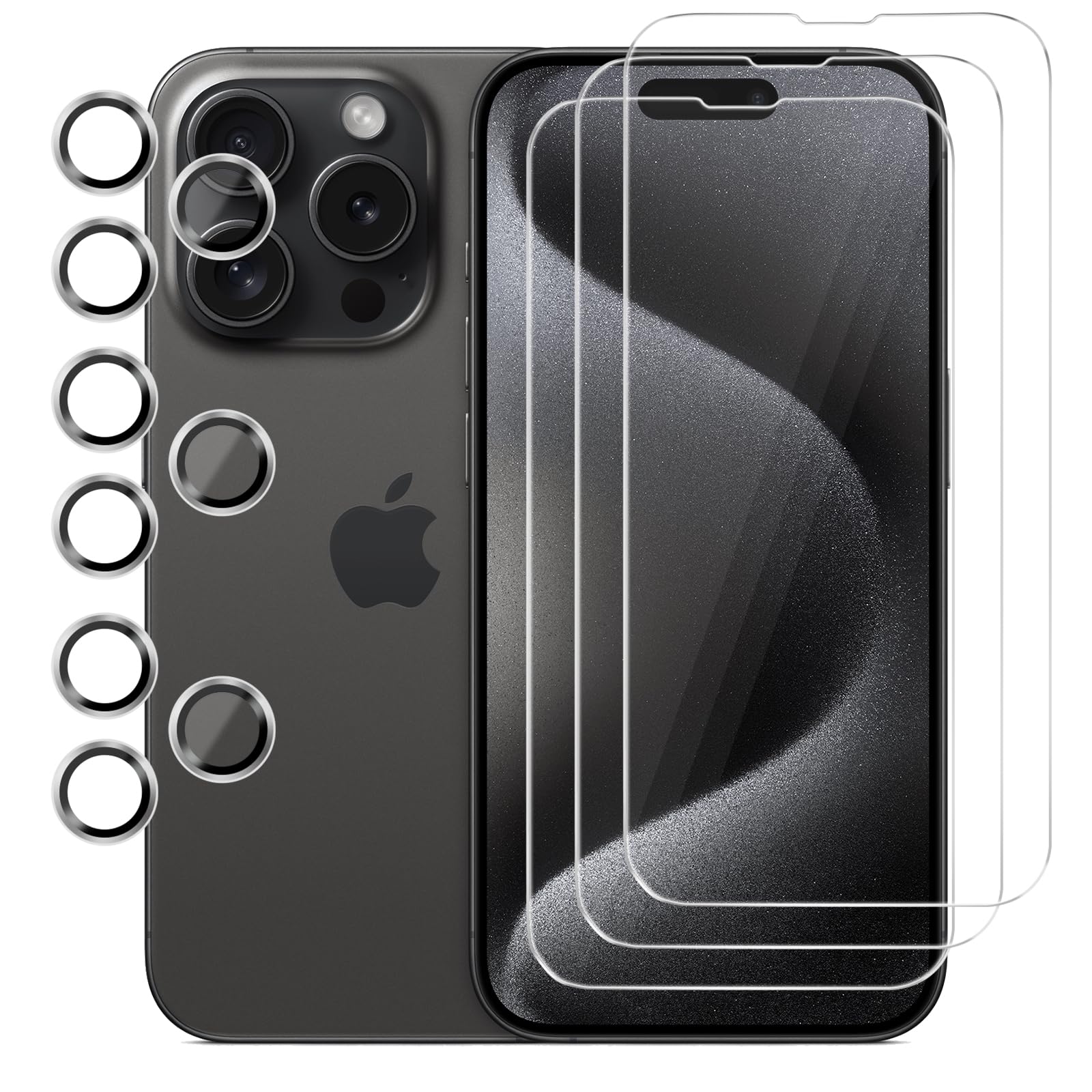 GLIMALL 3 Pack Screen Protector for iPhone 15 pro with 3 Pack Camera Lens Protector, HD Tempered Glass, 9H Hardness, Full Coverage, Scratch-Resistant, Waterproof, Bubble-Free