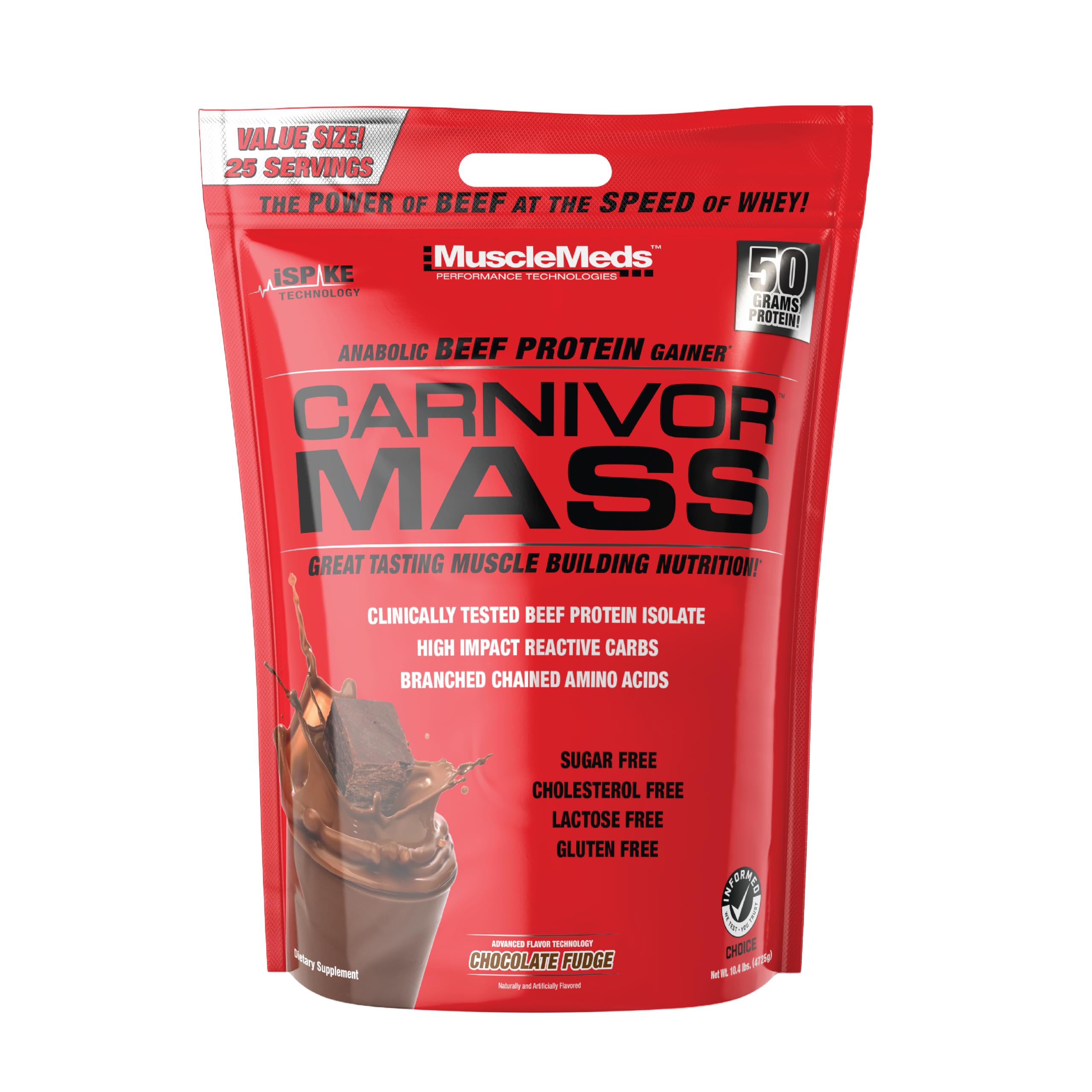 MuscleMeds Hipercalórico Carnivor Mass Chocolate Big Steer 1250 com proteína isolada hidrolisada de carne bovina, 6,81 kg