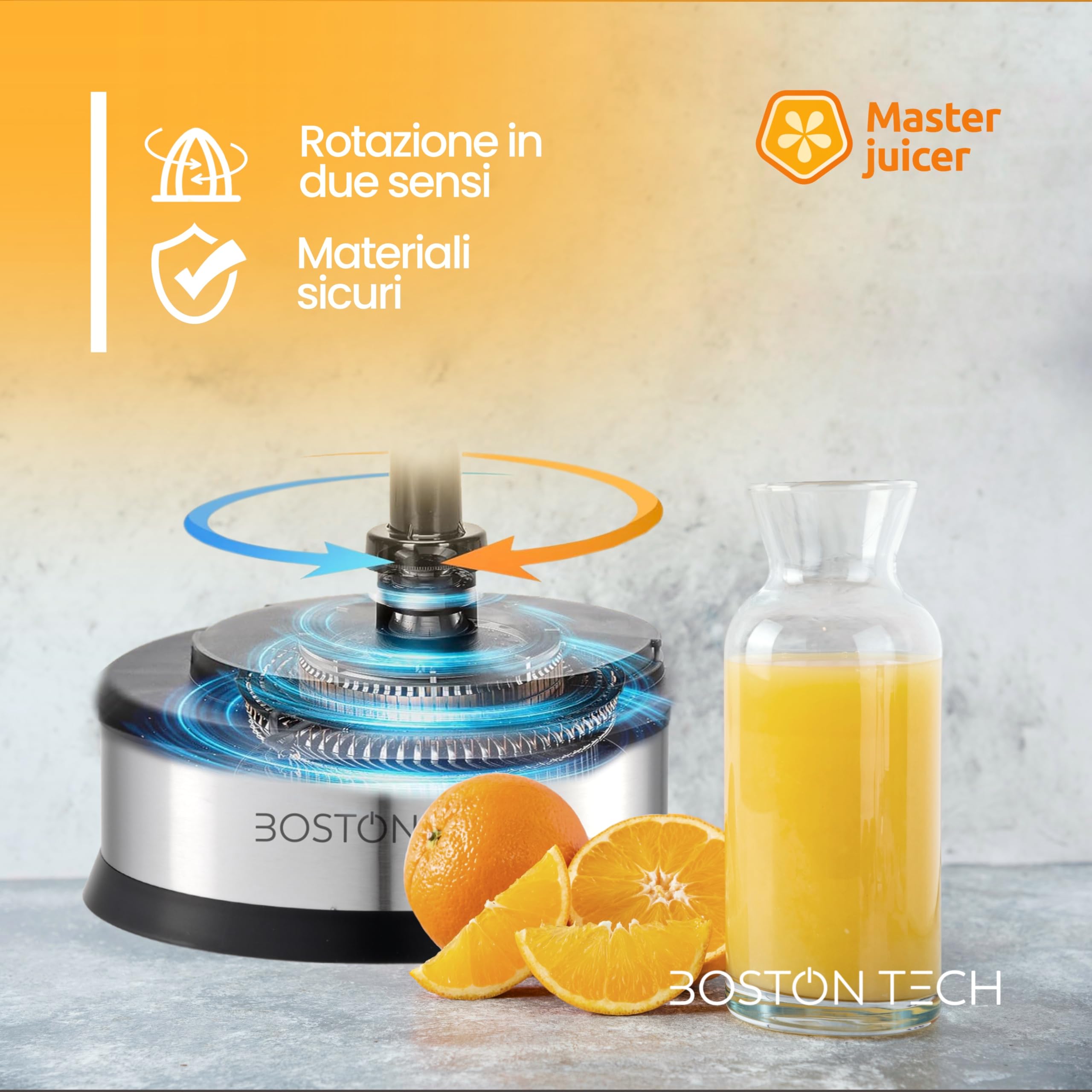 MasterJuicer: Spremiagrumi Elettrico | 700 ml, Rotazione Bidirezionale, 40W | 2 Coni, BPA Free, Antigoccia e Adatto per Lavastoviglie | Marca Europea Eco-Friendly