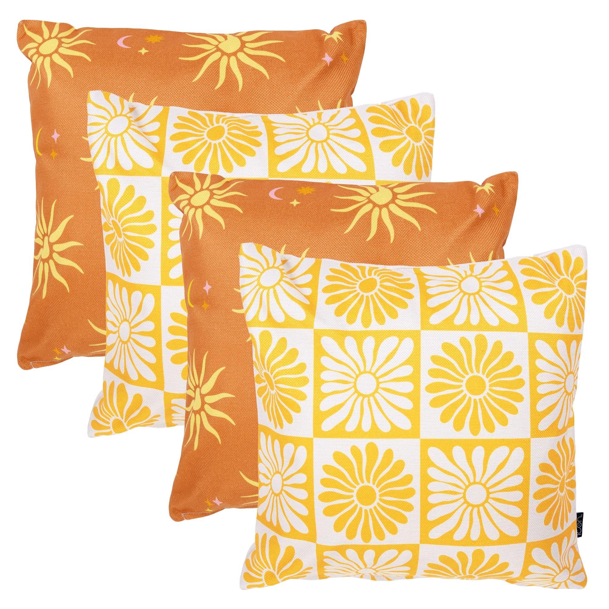 icon Indoor Outdoor Cushions Filled, Summer Collection, Print Mix, Set of 4, 43cm x 43cm, Water Resistant, Yellow Outdoor Cushions for Garden Furniture, Lounge, Garden, Patio