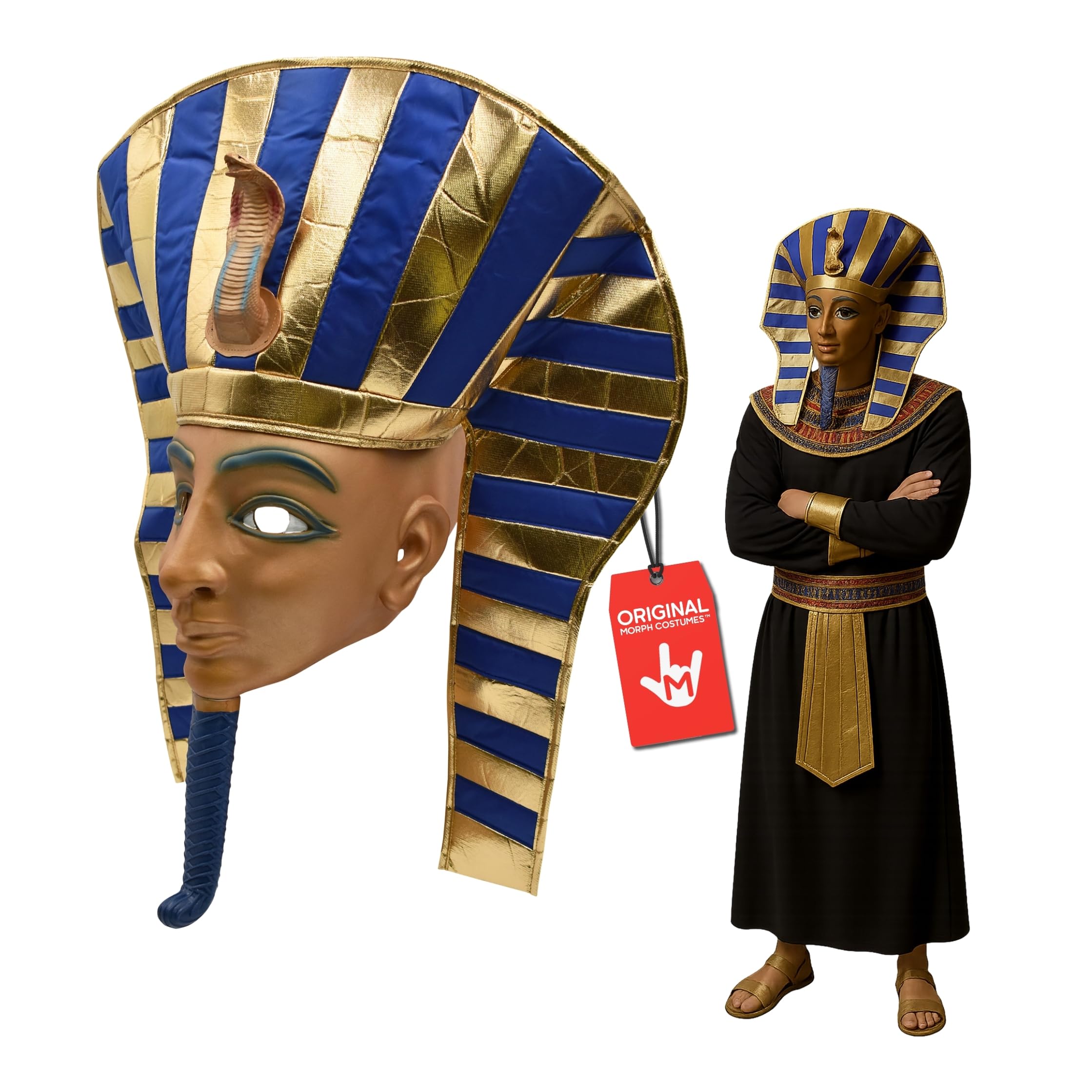Photo 1 of Nicky Bigs Novelties Morph Pharaoh Mask Latex Over?Head Egyptian King Tut Headdress in Gold & Blue with Detachable Cloth Headpiece One Size Adults Halloween & Cosplay