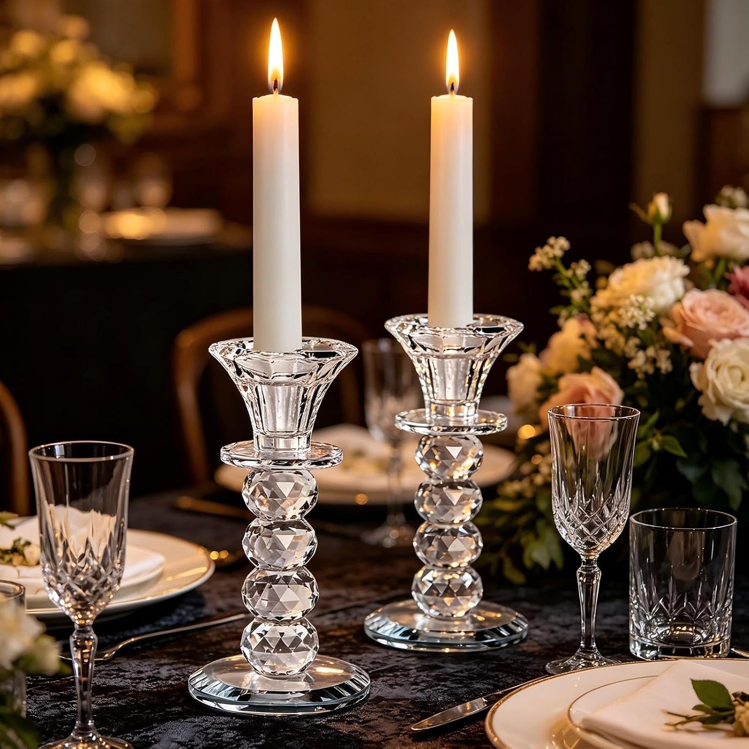 Candle Holder,5.9" Tall Glass Candlestick Set of 2 Clear Crystal Candle Holders for Glass Taper Holder Decor for Wedding Birthday Party Christmas