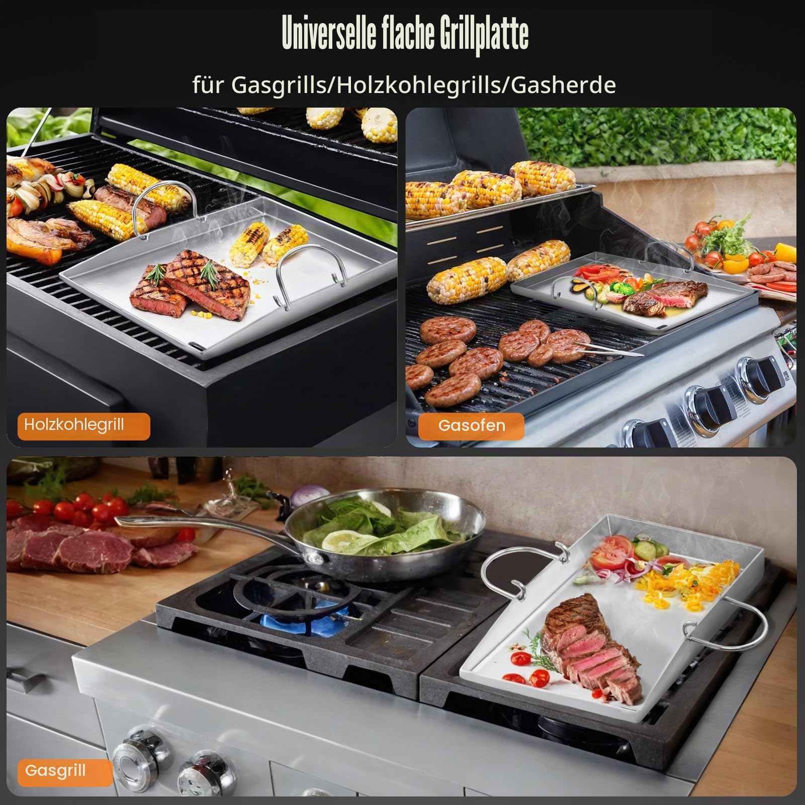 Plancha Grillplatte - 40 x 30 cm Universal Edelstahl Grillplatte für Gasgrill & Kohlegrill - Gleichmäßige Hitzeverteilung- Grill Platte mit 2 Grillspachtel & Handschuhe