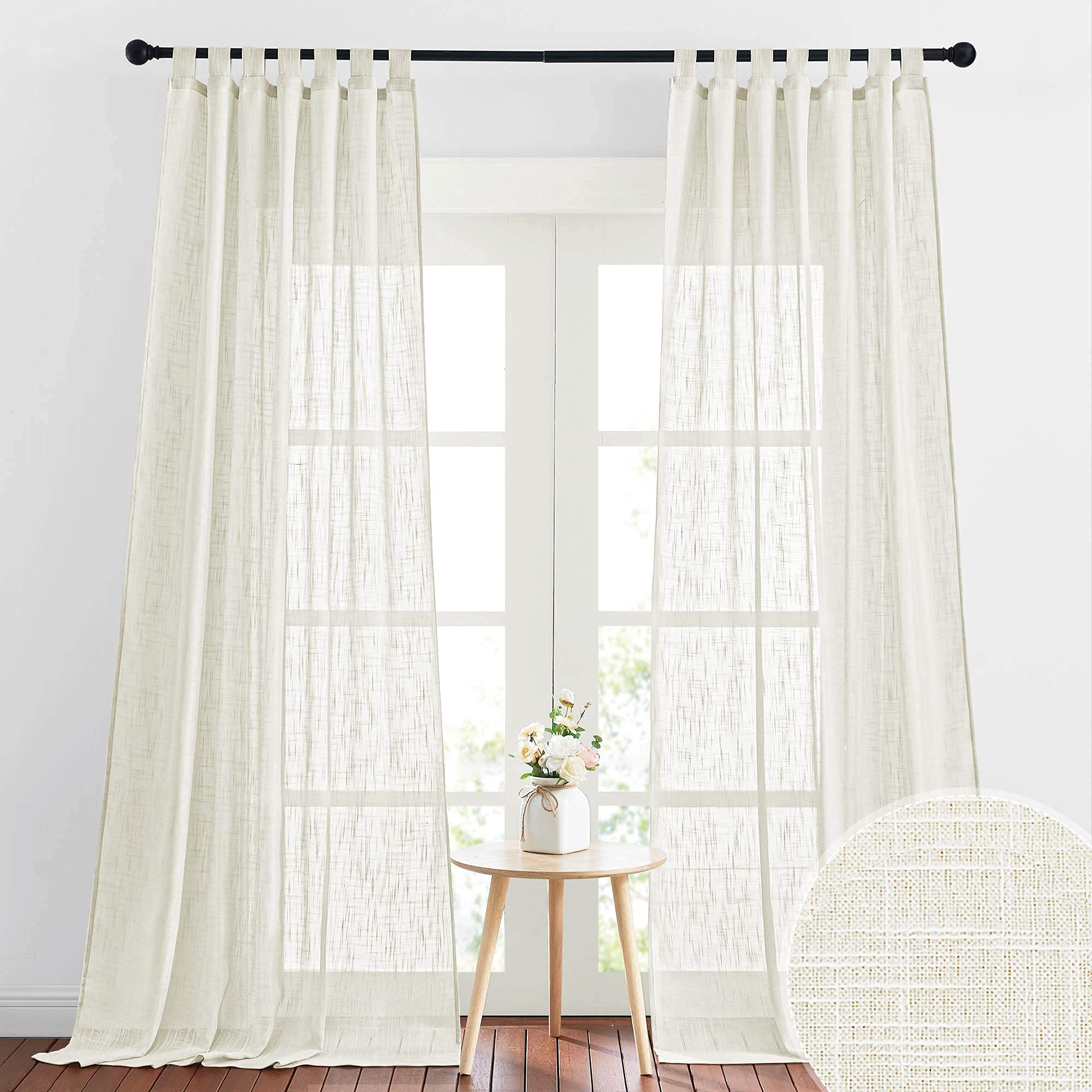 RYB HOME Sheer Curtains for Living Room - Linen Textured Wave Semi Translucent Privacy Light Filtering Drapes for Office Bedroom Patio Door, 52 inch