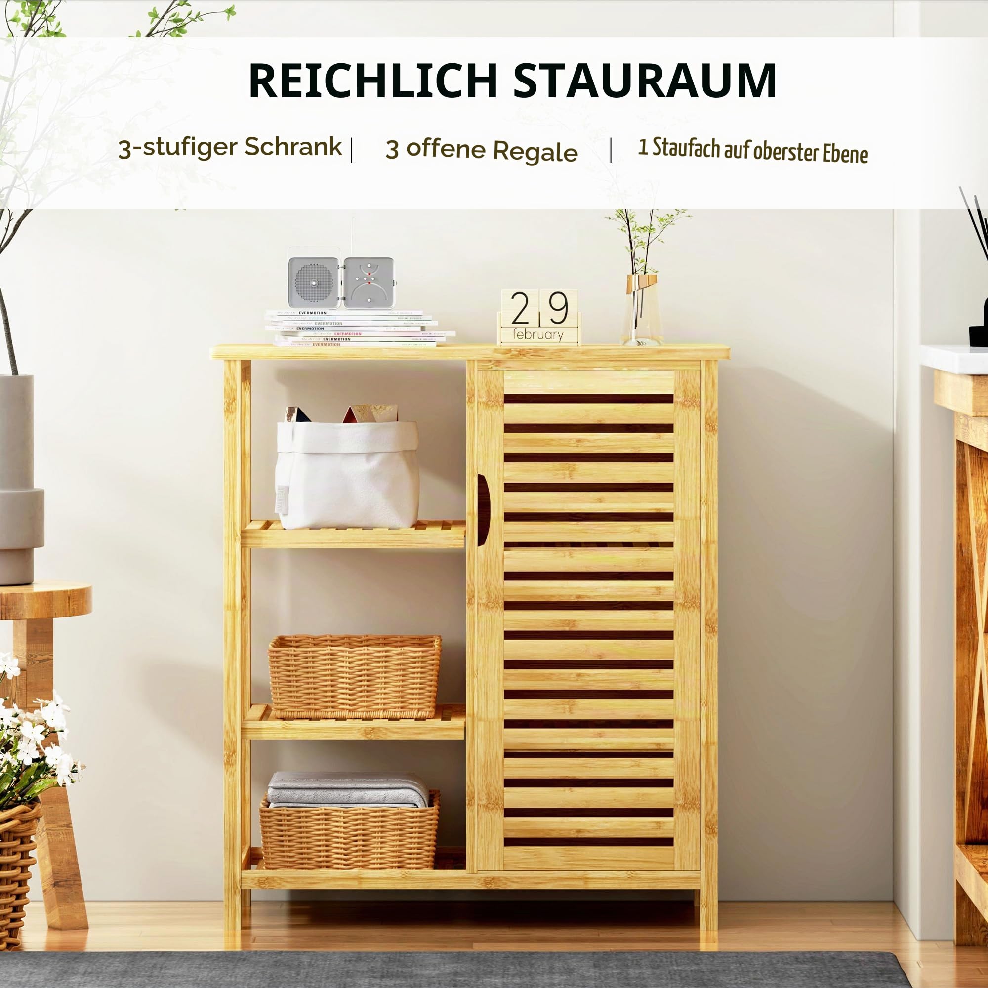 SogesPower Beistellschrank Badezimmerschrank mit Tür und Regalen, Freistehender Bambusschrank mit Lamellentür, 3-stufiger Aufbewahrungsschrank für Küche, Wohnzimmer und Badezimmer