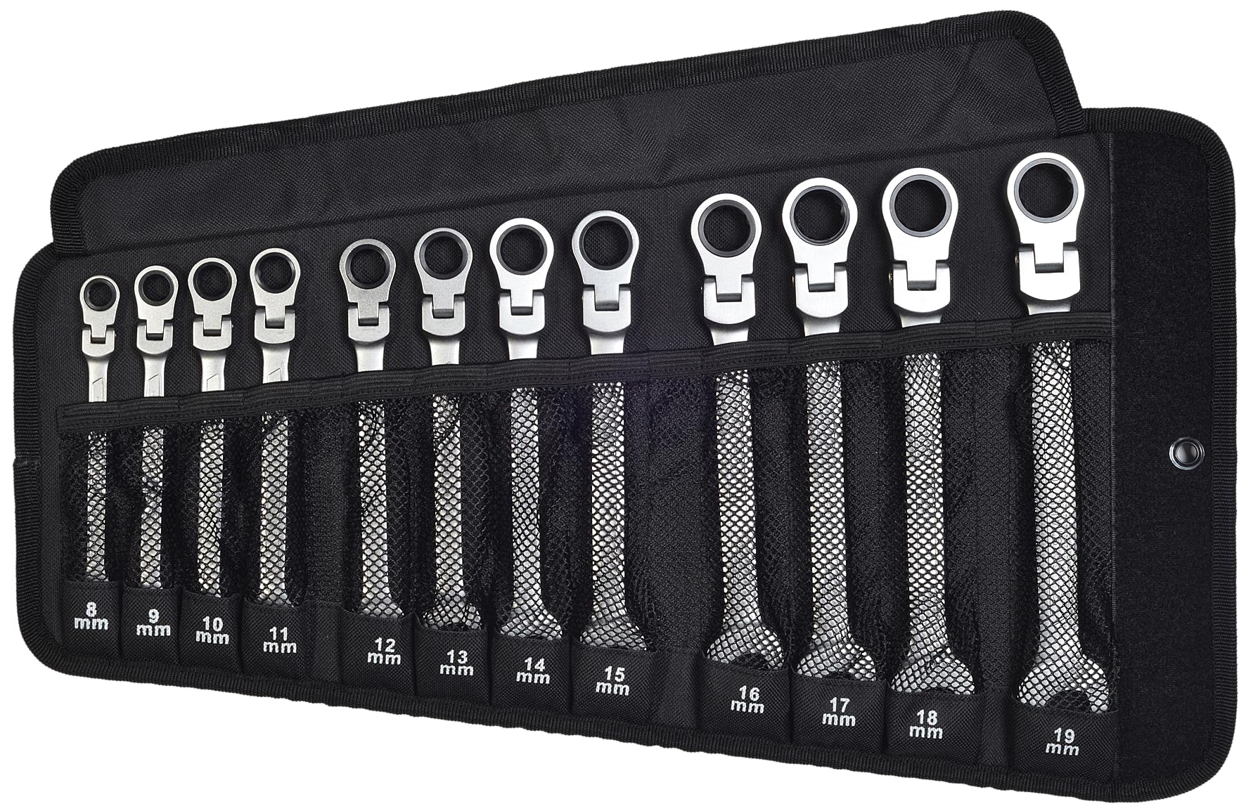 SW-Stahl 03530L Juego de Llaves Combinadas con Carraca, 8-19 mm, 12 Piezas | Herramientas con cabeza articulada flexible y acabado en cromo vanadio, estuche de transporte incluido para taller.