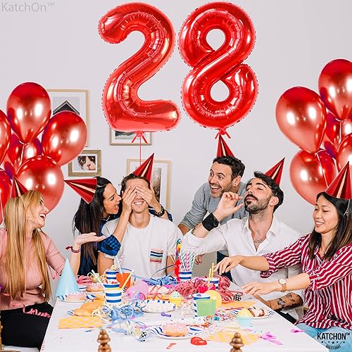 Miniatura 8 de KatchOn, Globo rojo gigante del número 28, 40 pulgadas, globo de 28 años, globo rojo del número 28, decoraciones de cumpleaños de 28 para mujer,