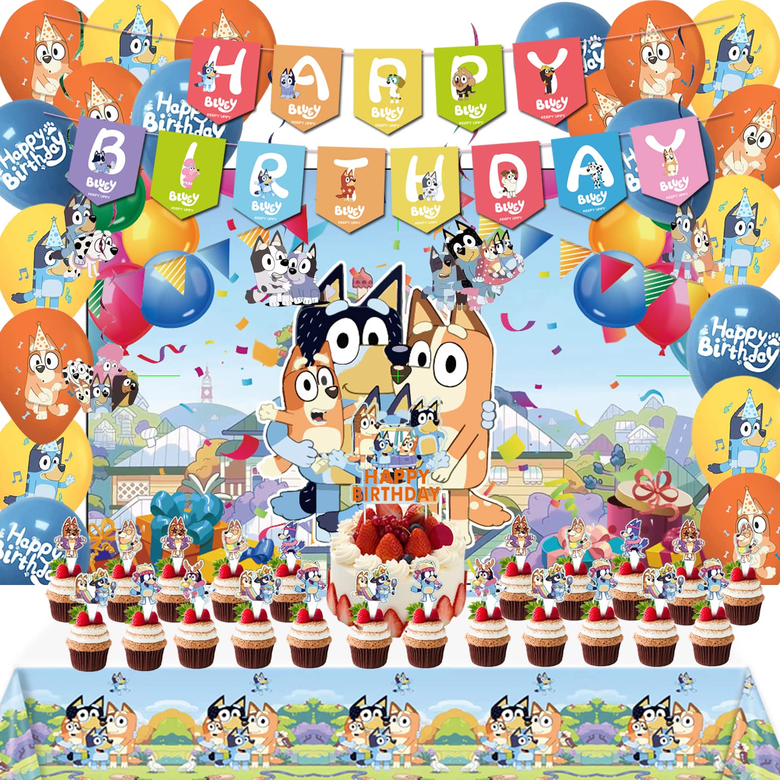 Blue Birthday Party Supplies, Blue Dog Party Decorations Pack Includes Party Backdrop,Banner,Swirls,Cake Topper,Cupcake Topper, Latex Balloons, Tablecloth