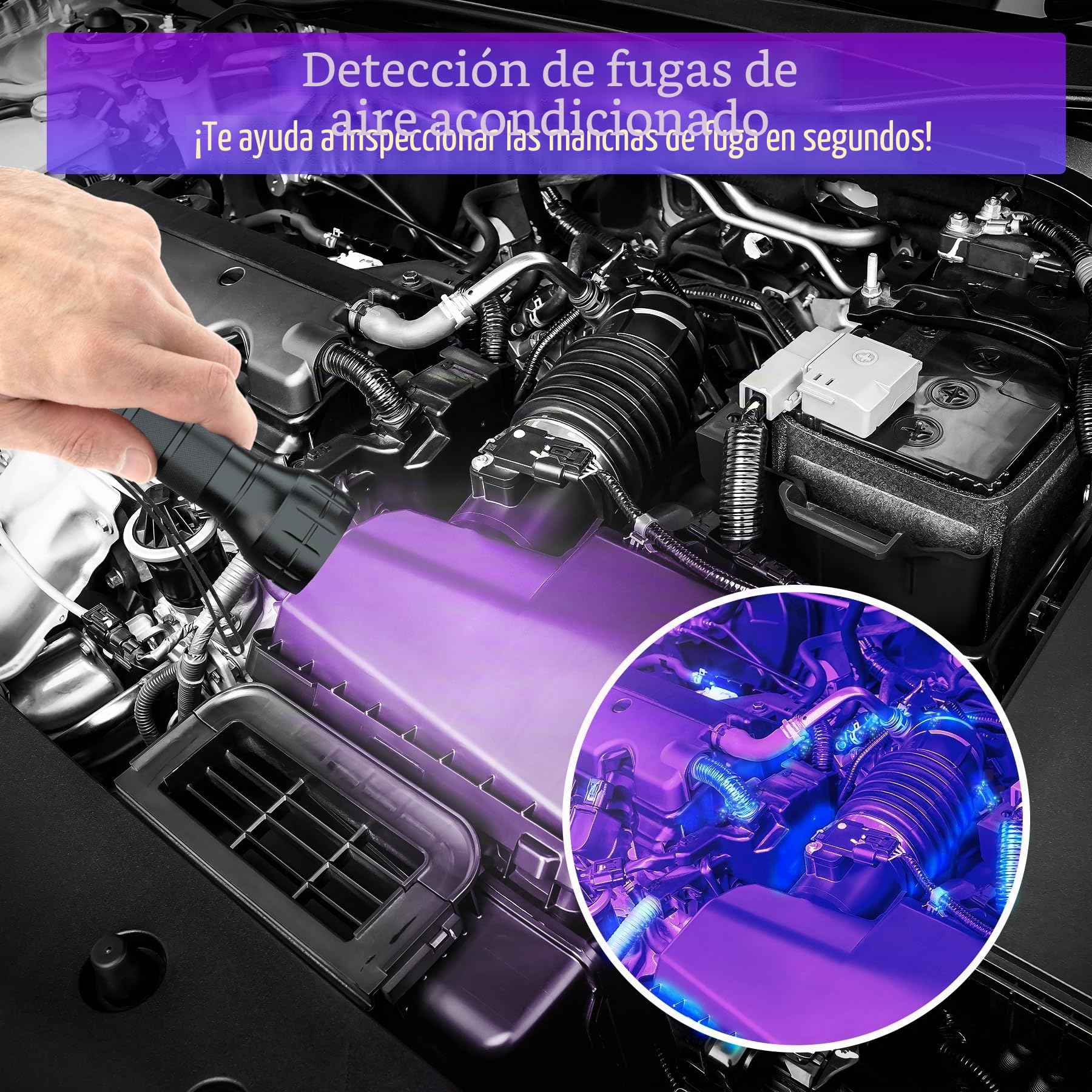 COSOOS - Herramienta y kit de detector de fugas de aire acondicionado, detector de fugas de aire acondicionado, luz UV para detección de fugas con colorante UV de aire acondicionado, detector de fugas