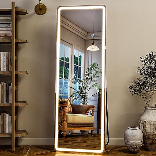 GLSLAND LED Full Length Mirror - 56" x 20" Floor Standing Mirror with Light for Bedroom/Cloakroom -Dimmable & 3 Color Lighting/Wall Mounted Full Body Mirrors - White-re - 56"L x 20"W